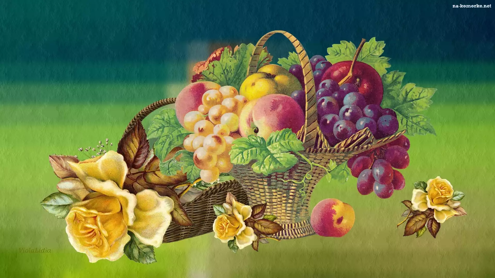Grafika, Kwiaty, Kosz, Róże, Vintage, Owoce, Winogrona, Brzoskwinie