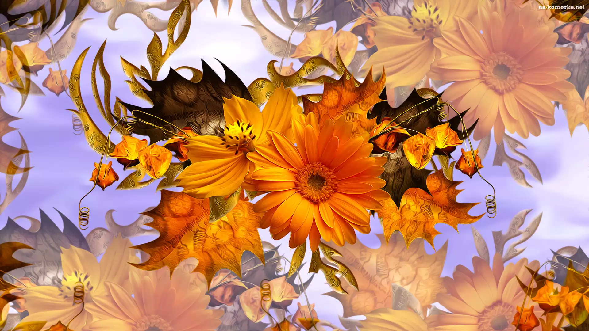 Kwiaty, Grafika, Gerbera, Liście