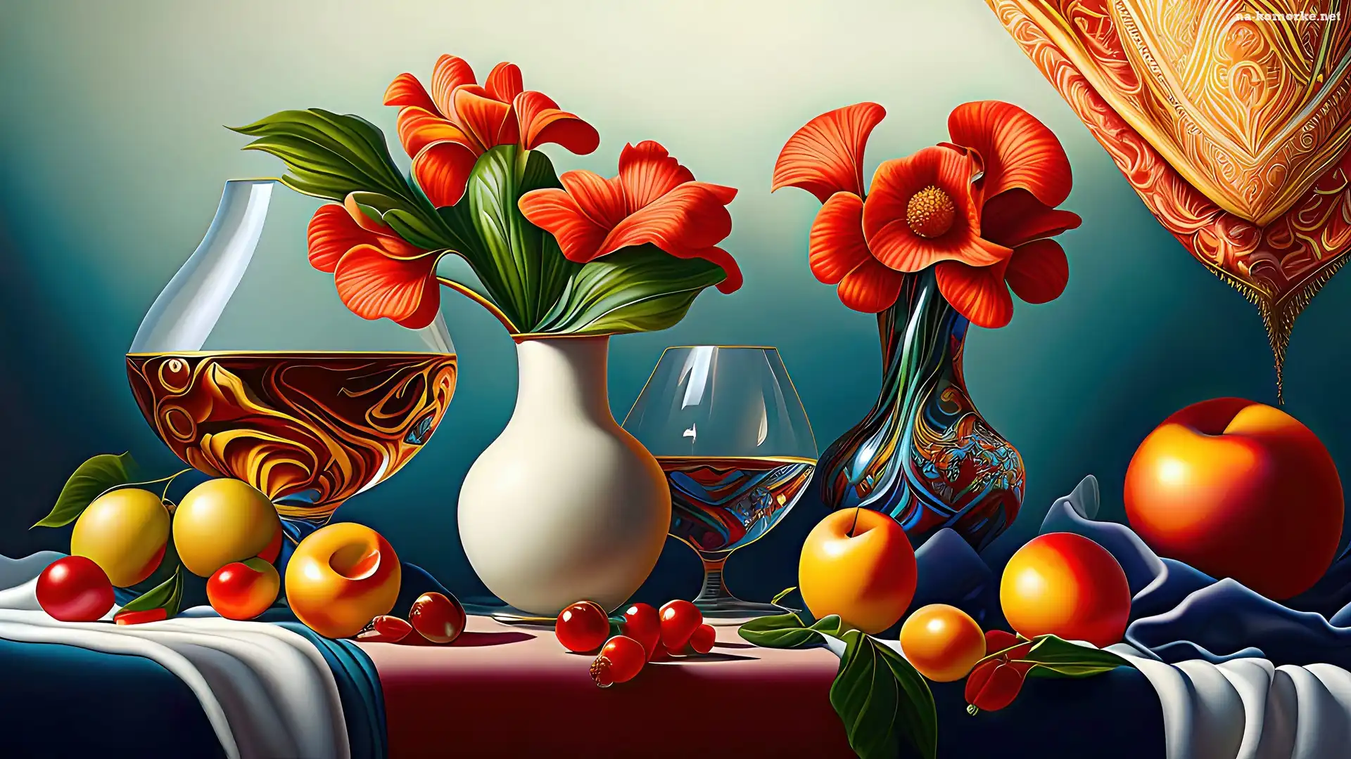 Kwiaty, Digital Art, Owoce, Stół, Jabłka, Kompozycja, Kieliszki, Wazony