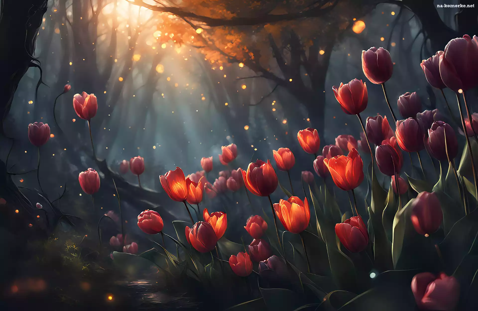 Czerwone, Kwiaty, Las, Tulipany, 2D