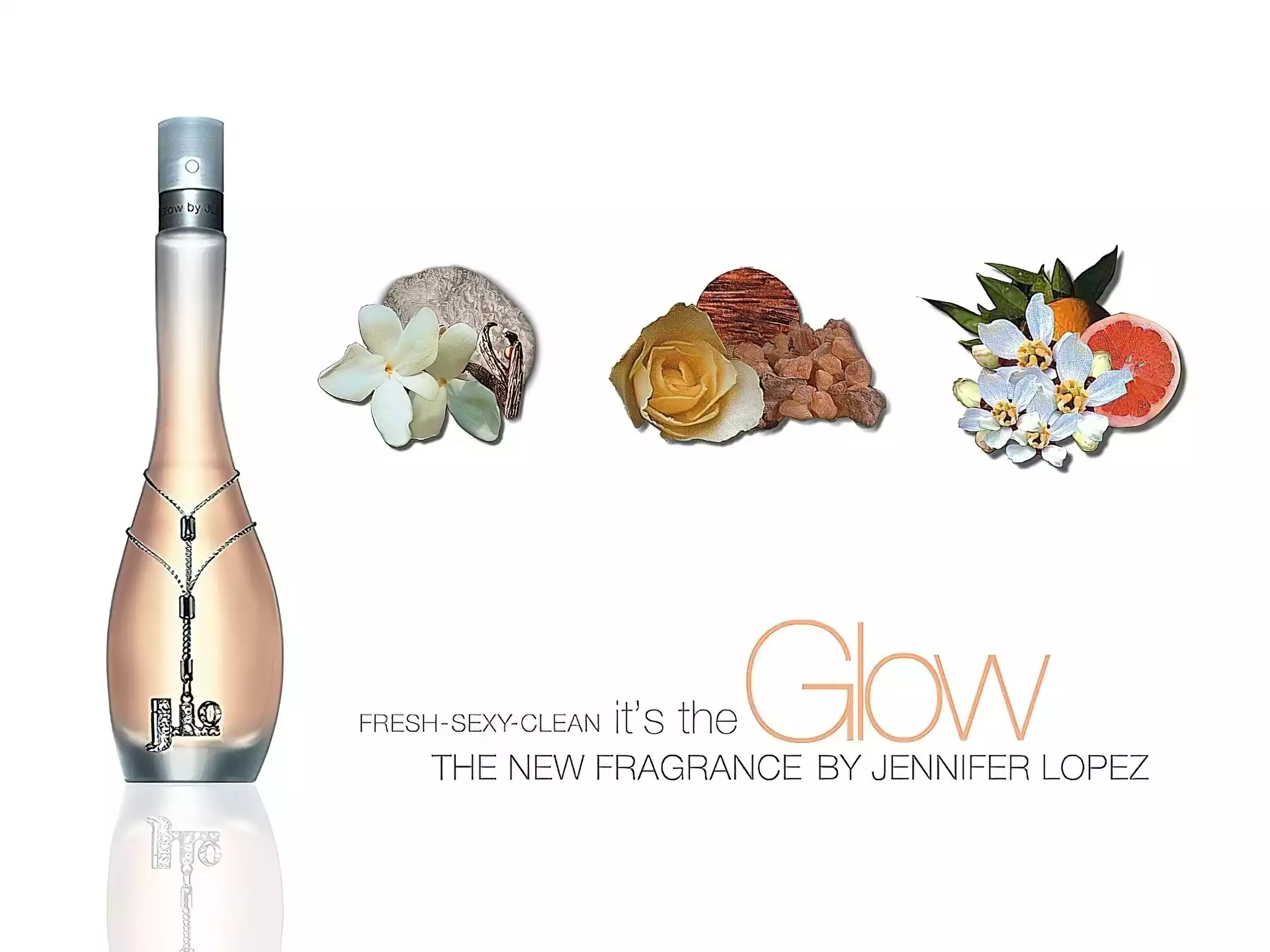 owoce, kwiaty, J Lo, perfumy, kamienie, flakon