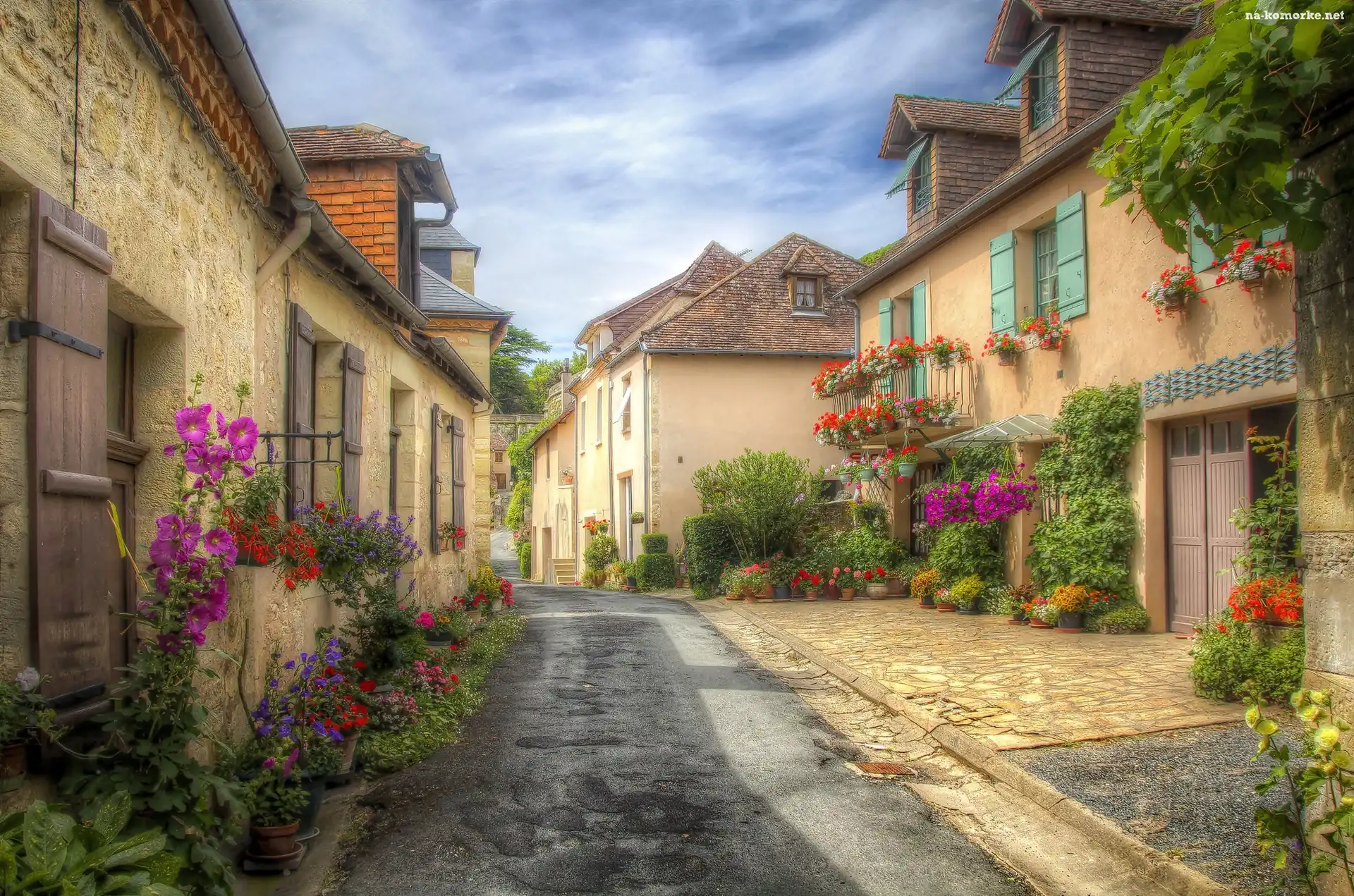 Francja, Kwiaty, HDR, Nowa Akwitania, Hautefort, Domy, Ulica