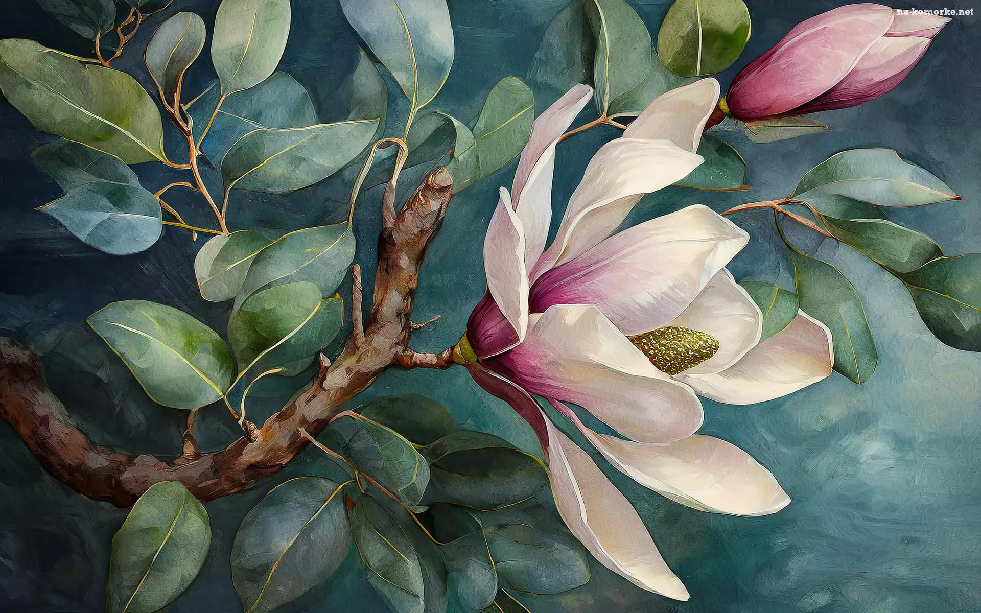 Krzew, Kwitnąca, Magnolia, Gałązka, Malarstwo