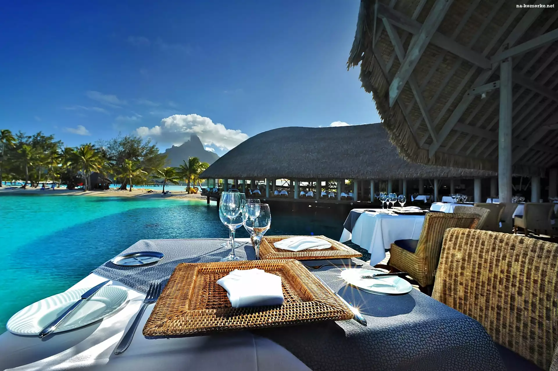 Restauracja, Laguna, Morze, Polinezja Francuska, Palmy, Bora Bora