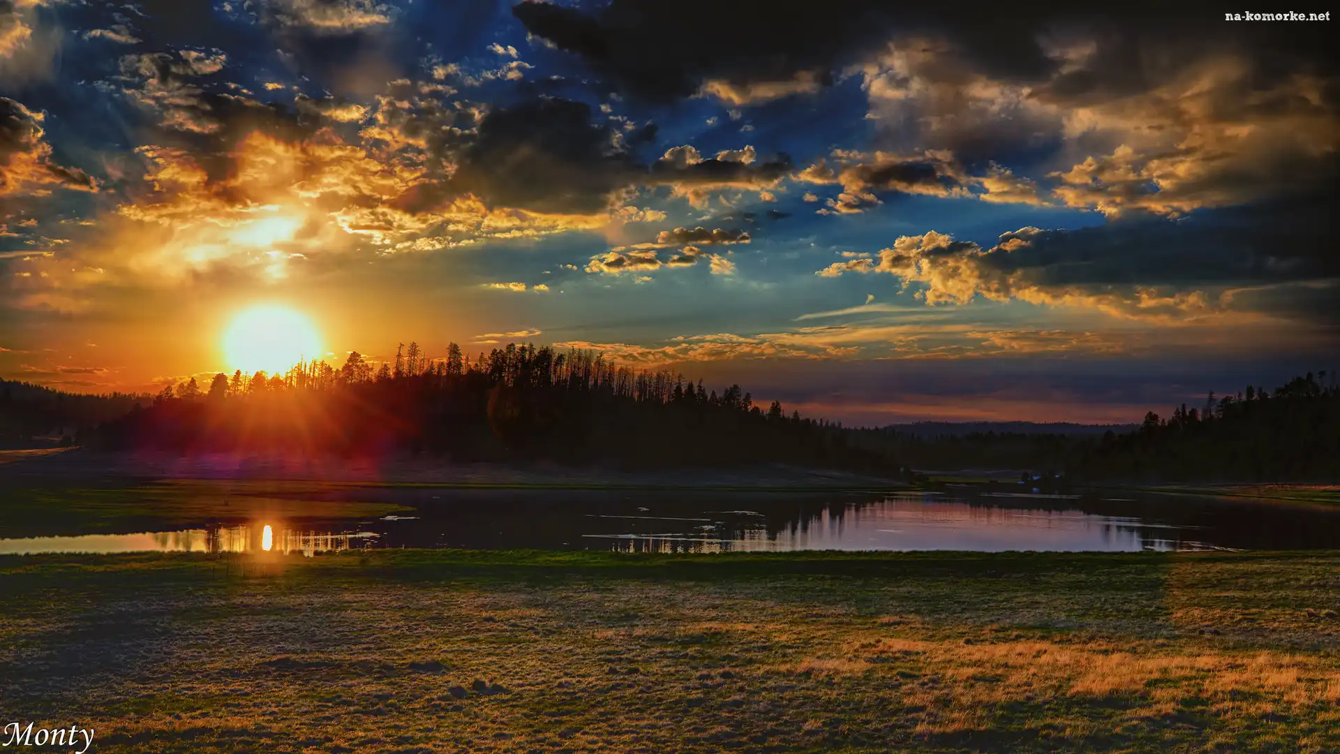 Jezioro, Stan Arizona, Stany Zjednoczone, Lake Sierra Blanca, Zachód słońca, Drzewa, Chmury
