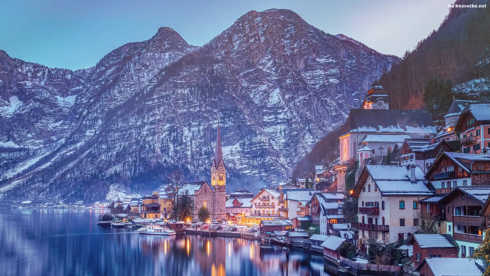 Śnieg, Hallstatt, Jezioro, Austria, Góry, Kościół, Hallstattersee Lake