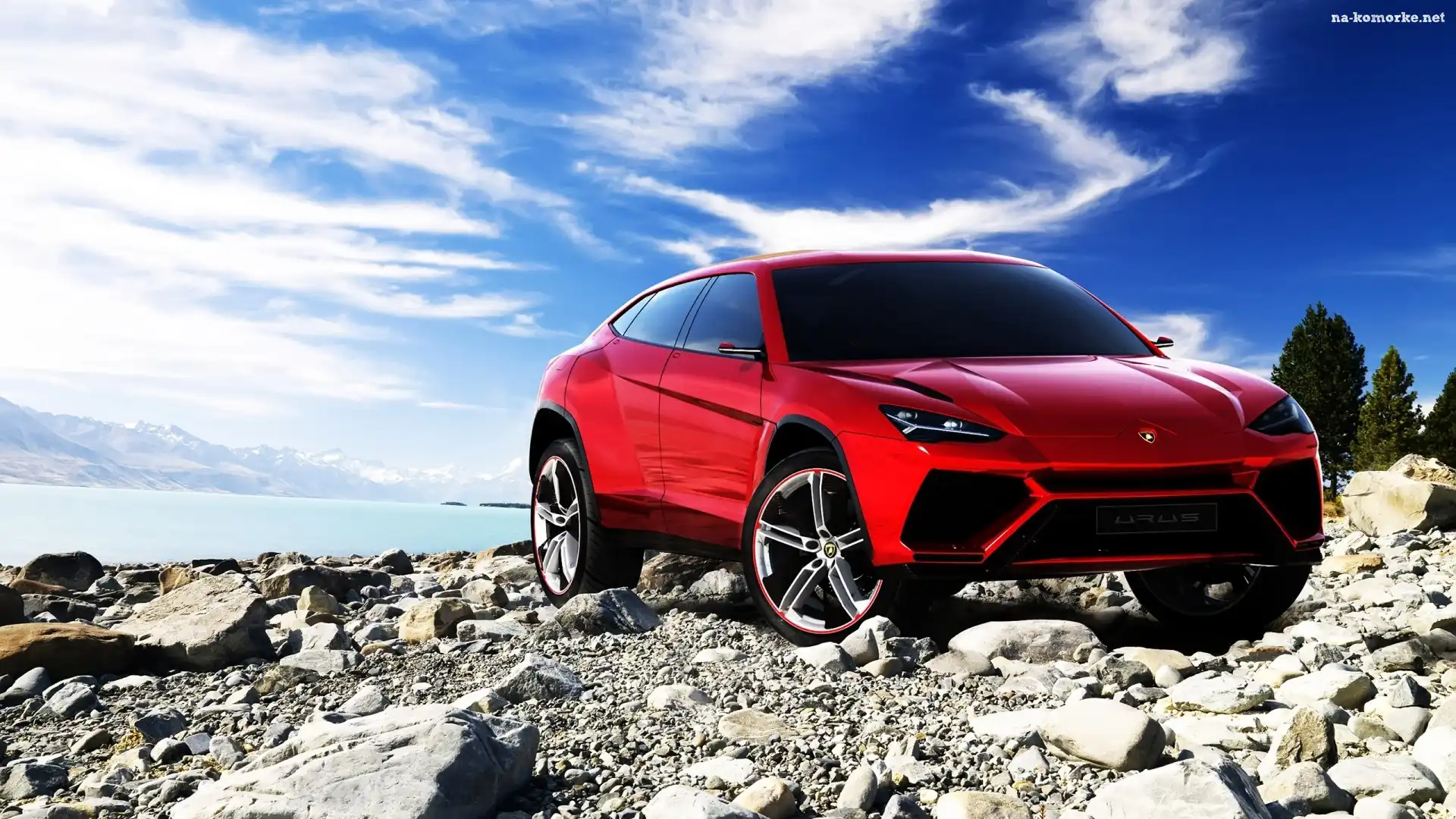 Lamborghini Urus, Rzeka, Kamienie, Niebo, Czerwony