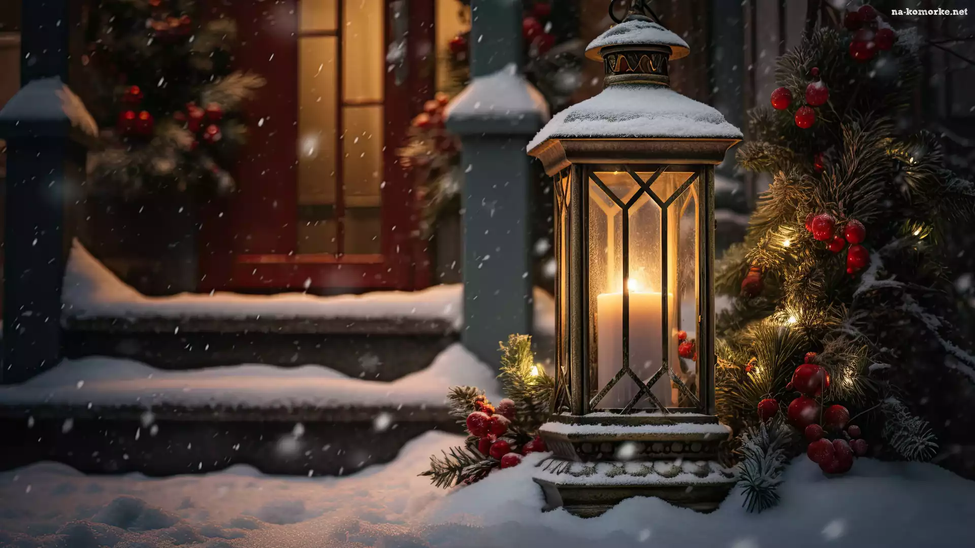 Świeca, Schody, Jagody, Zima, Śnieg, Drzwi, Gałązki, Lampion