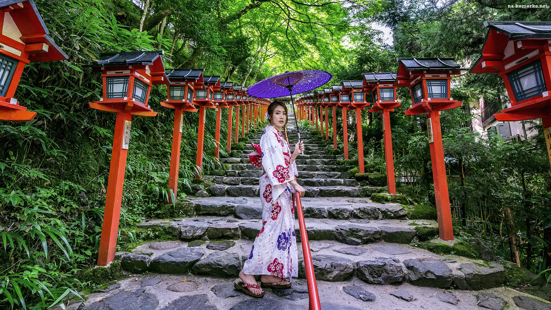 Kimono, Azjatka, Lampy, Parasol, Japonia, Kobieta, Kioto, Schody, Świątynia Kifune Shrine