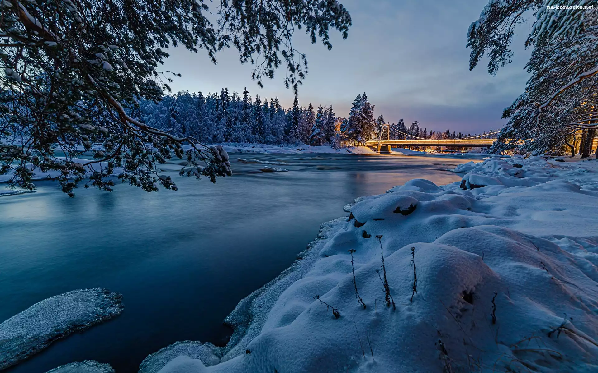 Zima, Oulu, Drzewa, Finlandia, Åšnieg, Most, Rzeka Oulujoki, Las