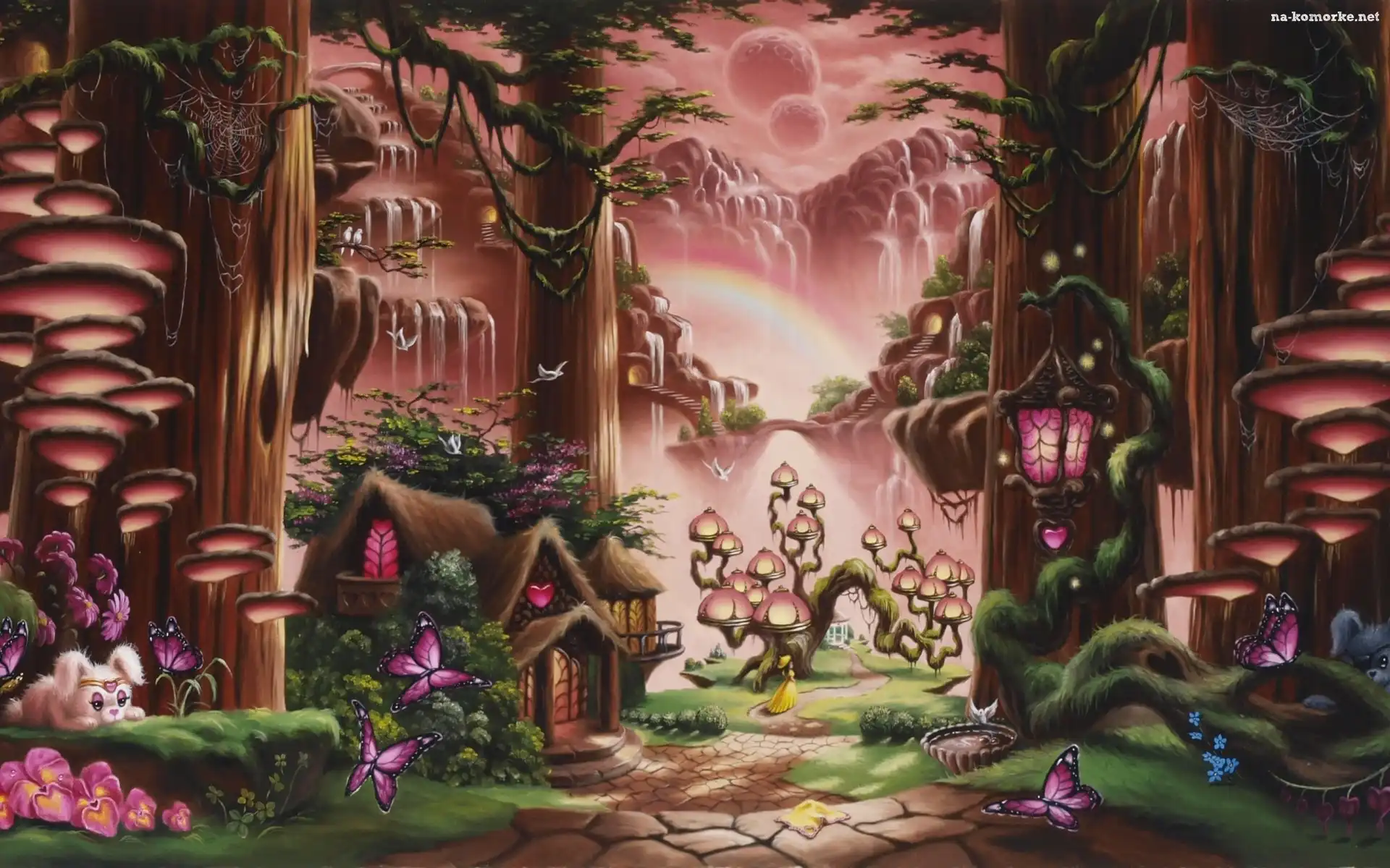 Las, Kraina, Fantasy, Domy, Góry, Droga
