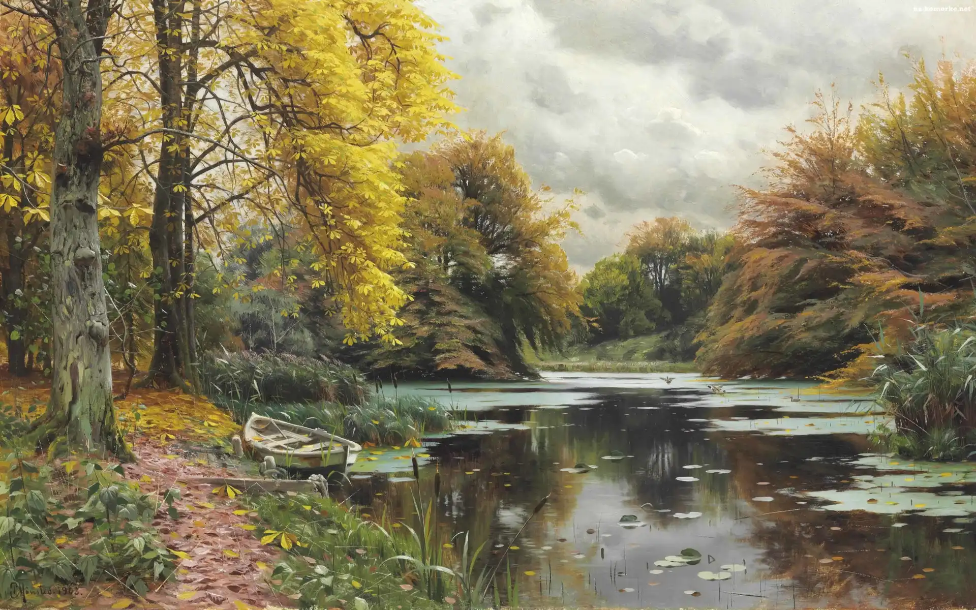 Pejzaż, Obraz, Las, Jesień, Peder Mork Monsted, Reprodukcja, Łódka, Rzeka, Drzewa