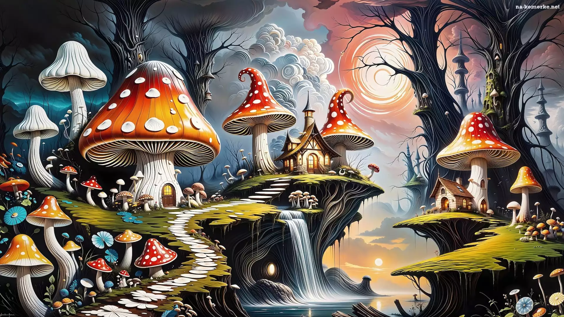 Grzyby, Ścieżka, Wodospad, Fantasy, Chmury, Fantasy, Drzewa, Las