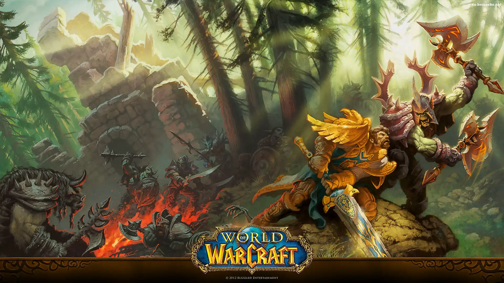 Walka, Ogień, World of Warcraft, Ruiny, Postacie, Gra, Orki, Las, Rycerze, Plakat