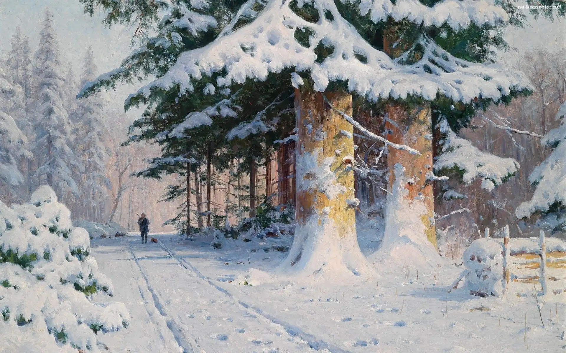 Las, Obraz, Zima, Myśliwy
