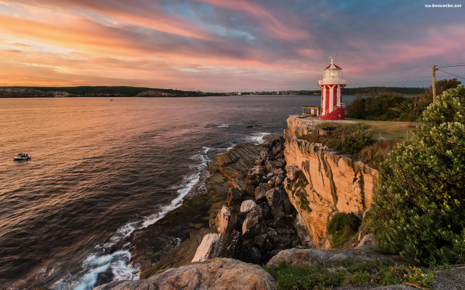 Latarnia morska, Poranek, Drzewa, Morze, Kamienie, Australia, Hornby Lighthouse, Skały