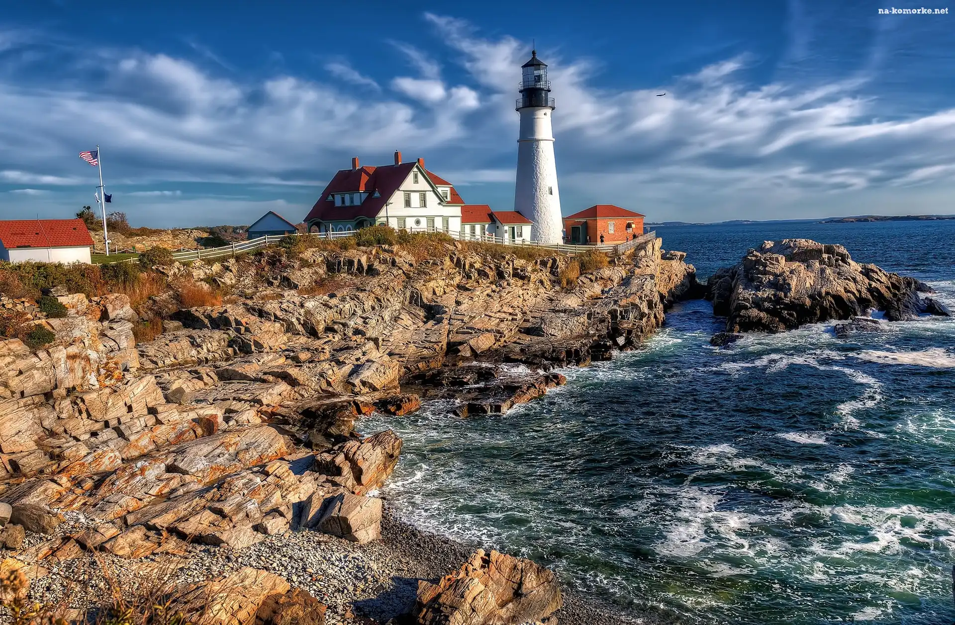 Latarnia morska Portland Head Light, Morze, Skały, Zatoka Casco, Cape Elizabeth, Stan Maine, Stany Zjednoczone