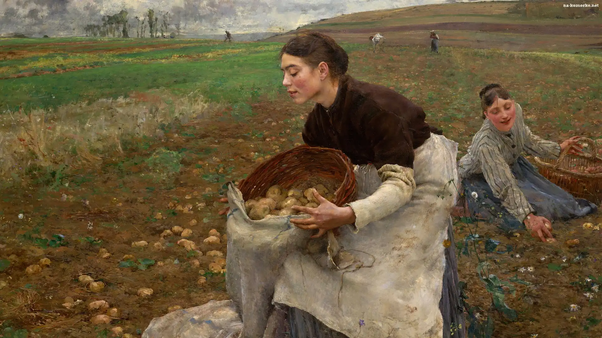 Malarstwo, Dwie, Ziemniaki, Jules Bastien-Lepage, Worek, Kosz, Obraz, Kobiety, Pole, Wykopki