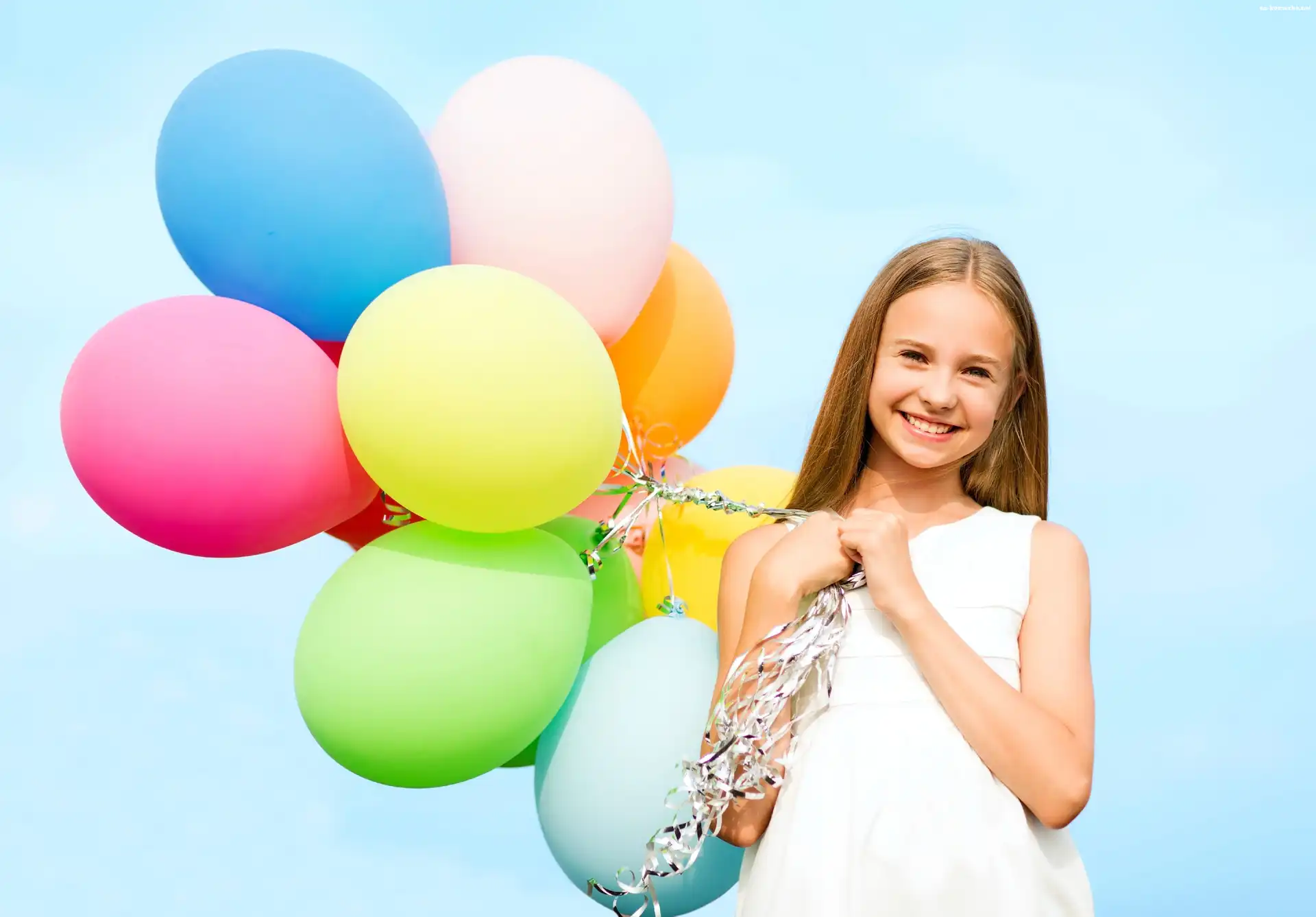 Śliczna, Balony, Uśmiech, Blond, Dziewczynka, Dziecko, Kolorowe