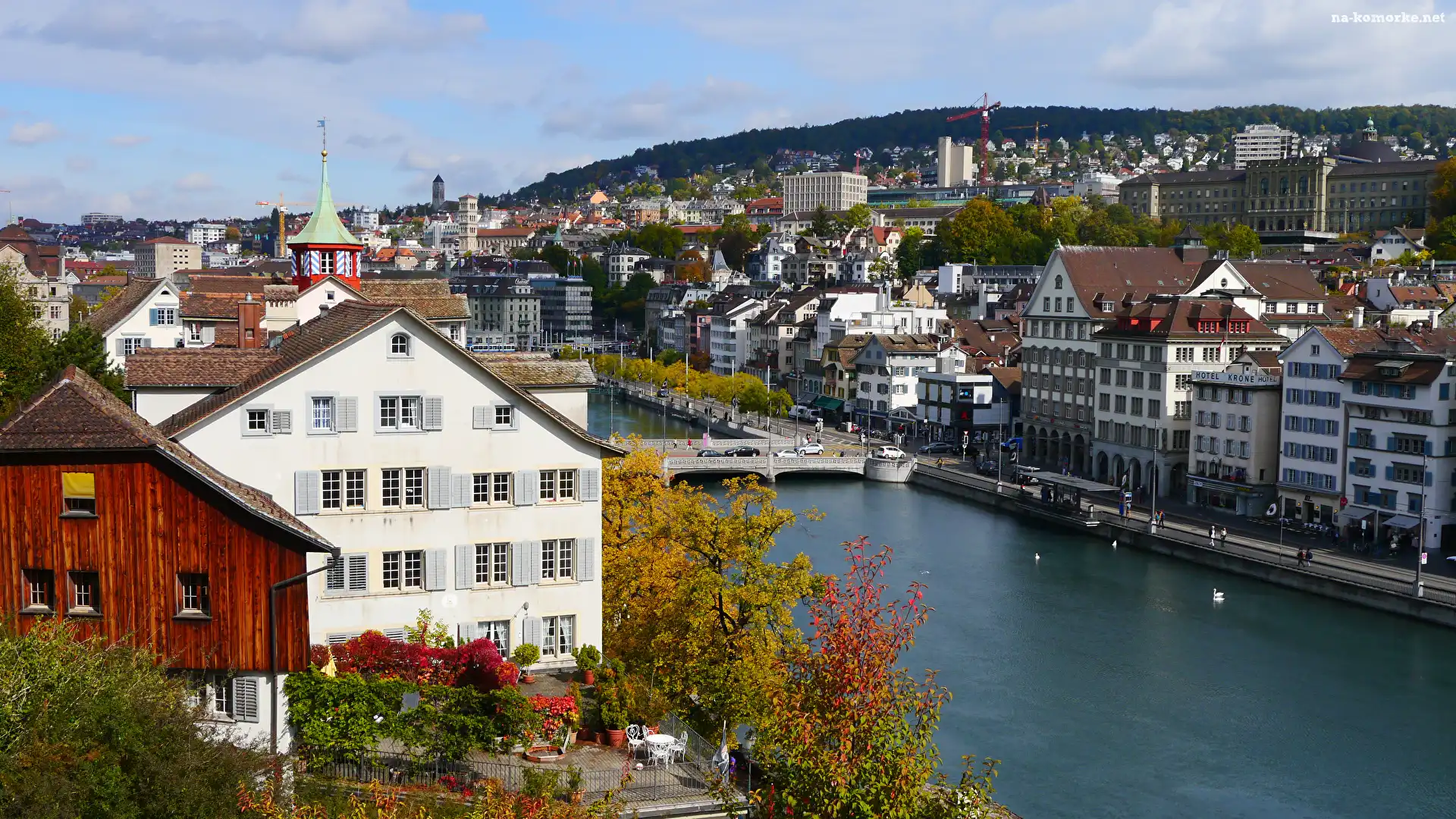 Most, Szwajcaria, Rzeka Limmat, Drzewa, Budynek, Zurych