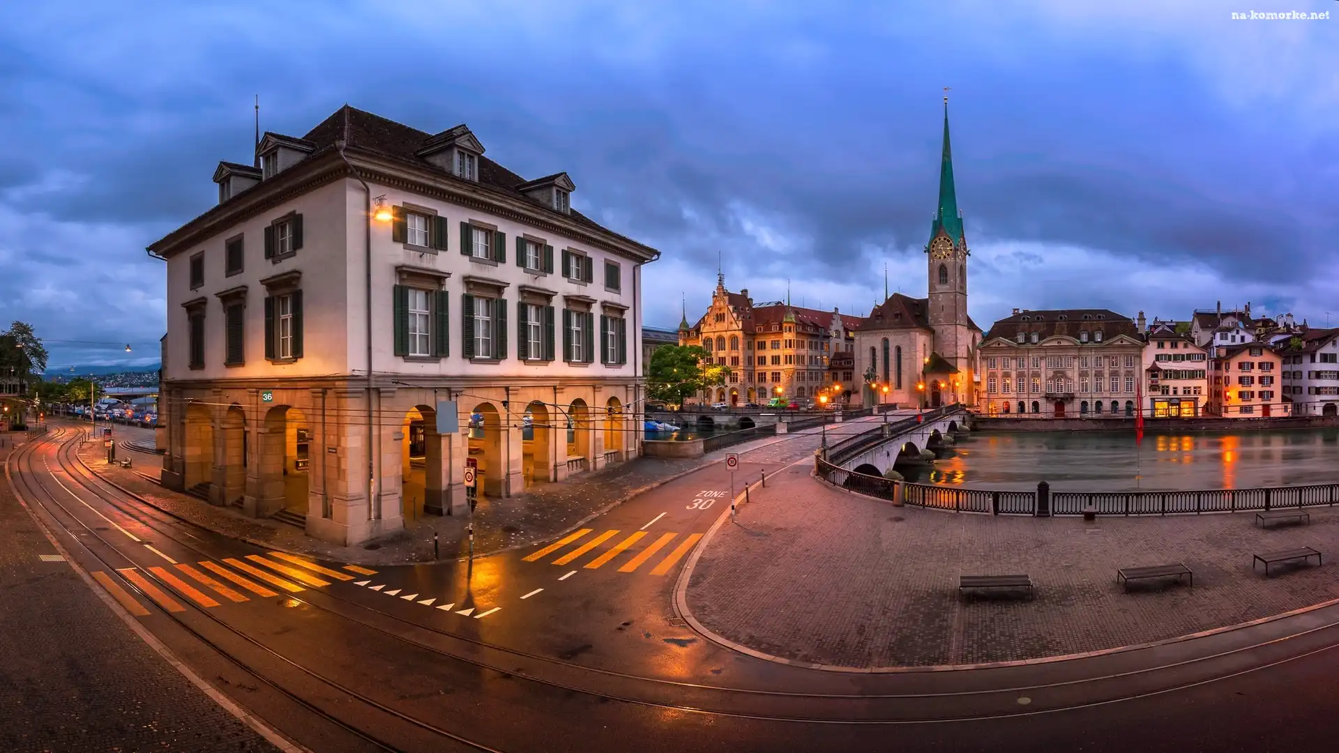 Oświetlone, Zurych, Domy, Szwajcaria, Ulice, Kościół Fraumunster, Most, Rzeka Limmat