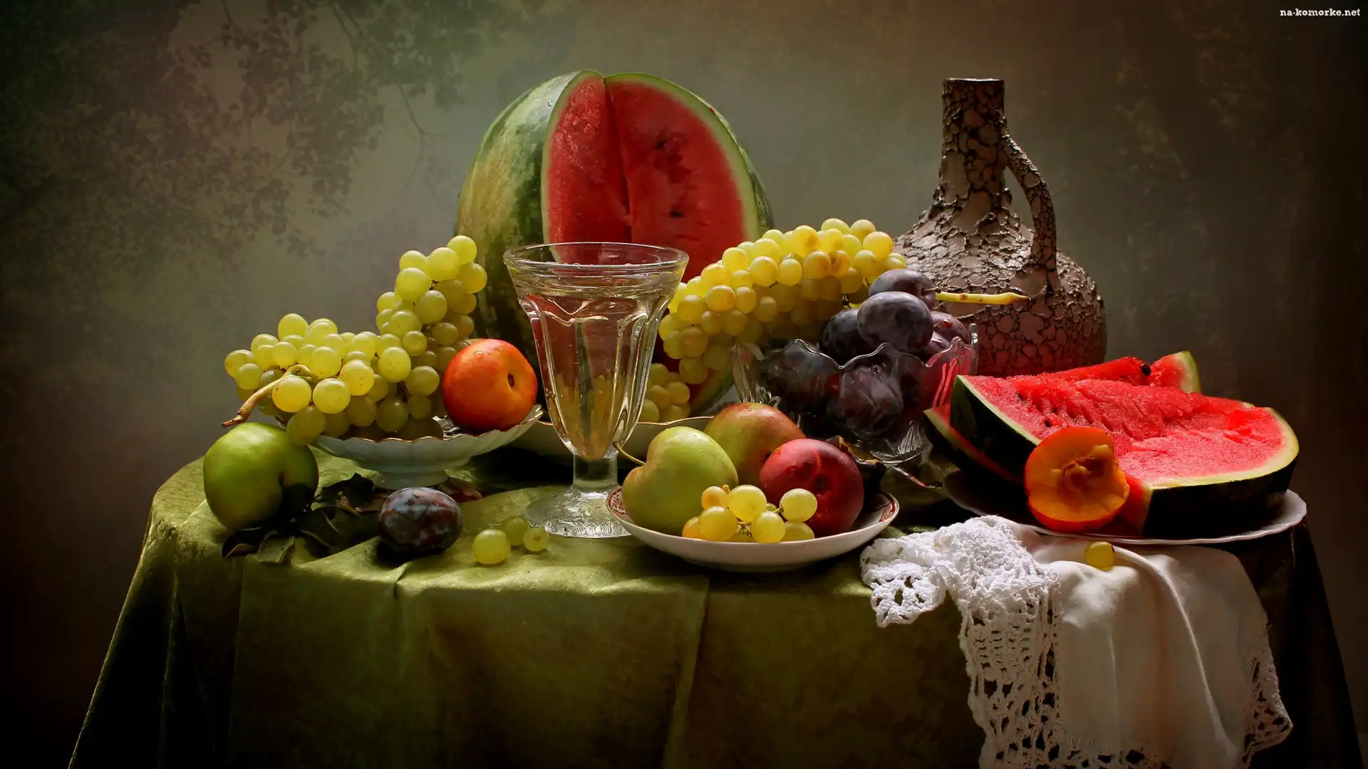 Jabłka, Lato, Owoce, Arbuz, Stół, Wino, Nektarynki, Winogrona, Śliwki