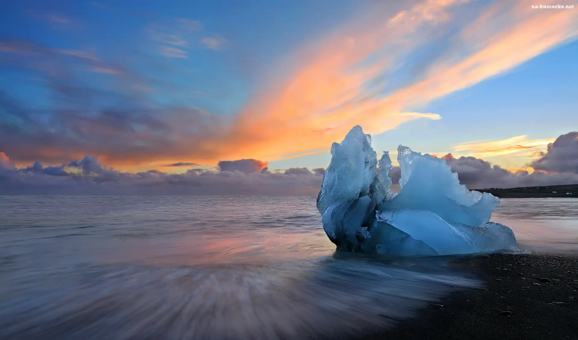 Zachód słońca, Islandia, Jezioro Jökulsárlón, Bryła, Lód