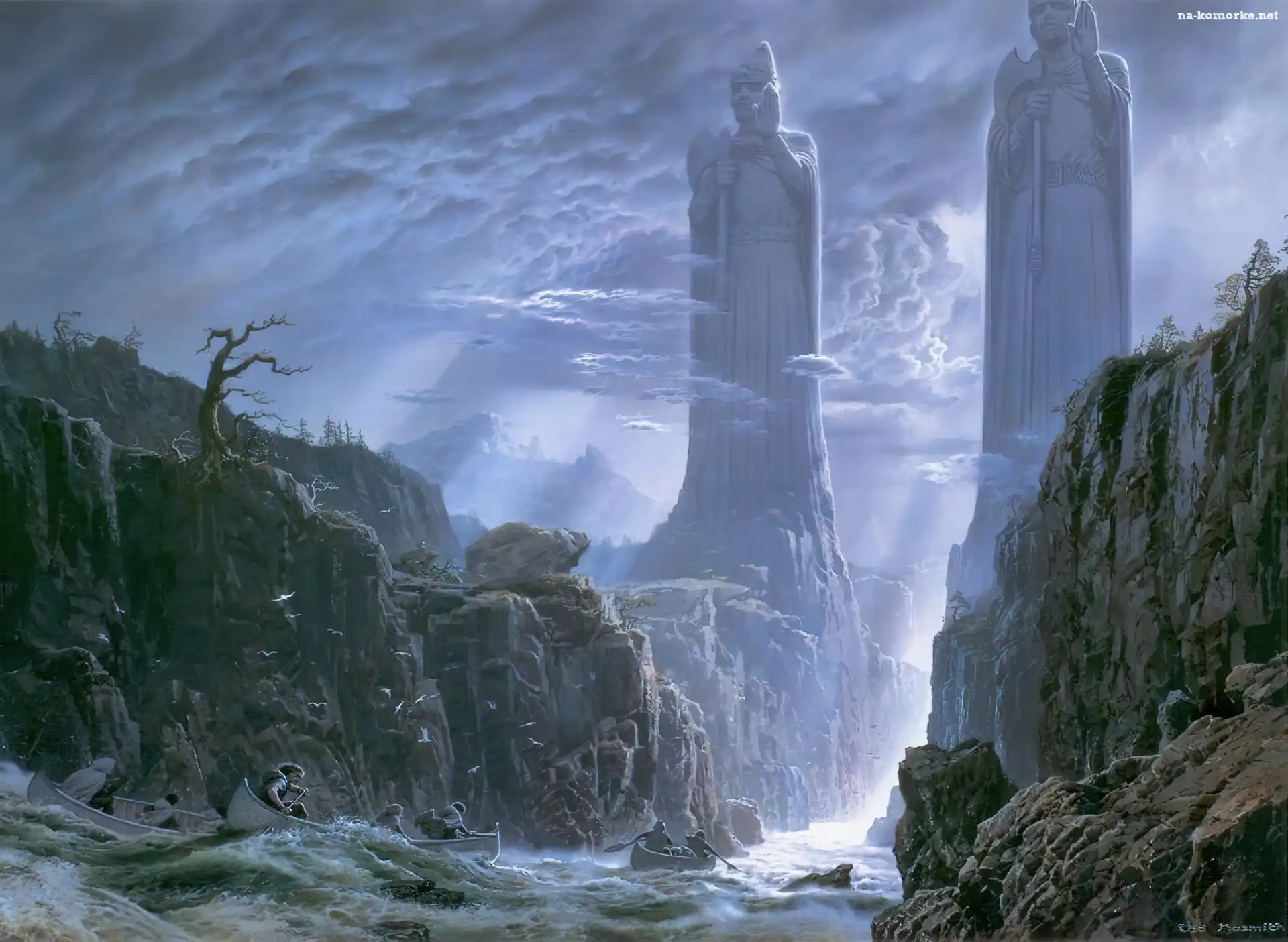 The Lord of The Rings, woda, posągi, skały łódka