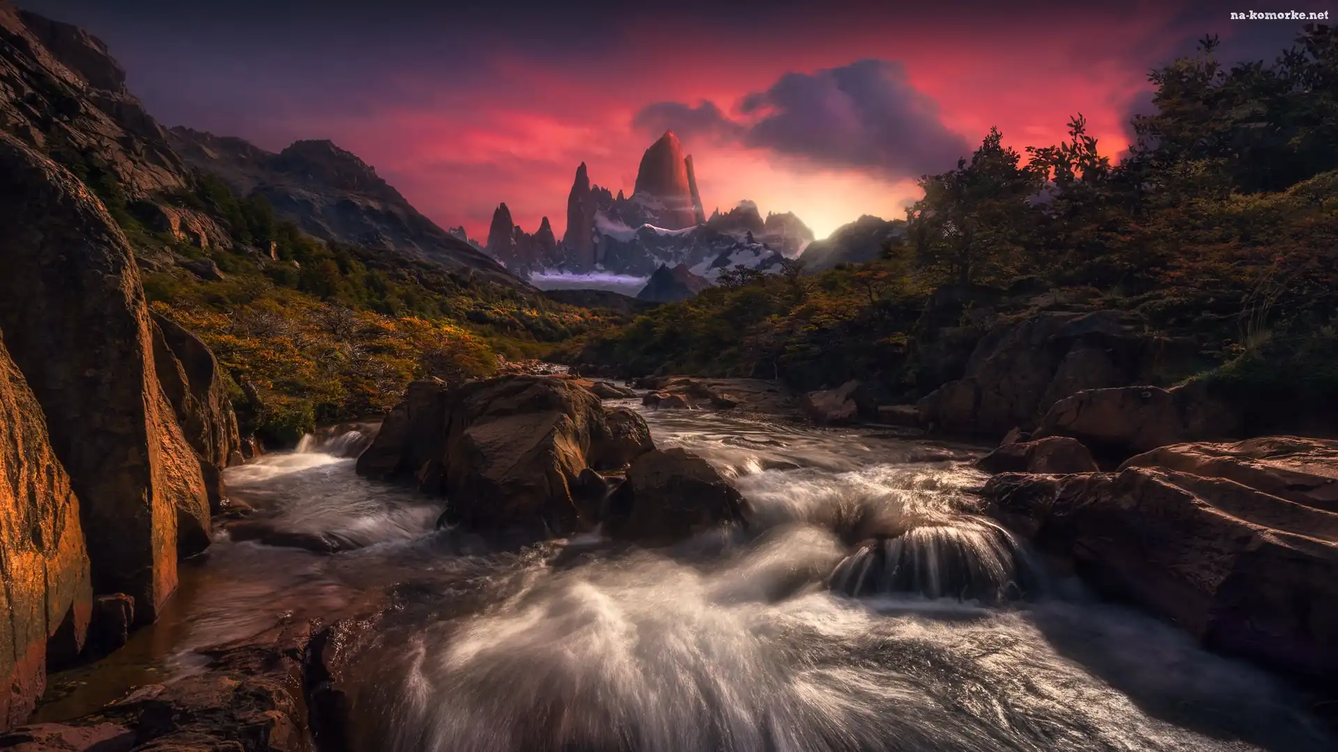 Roślinność, Jesień, Patagonia, Rzeka, Góra, Argentyna, Park Narodowy Los Glaciares, Rwąca, Fitz Roy, Skały