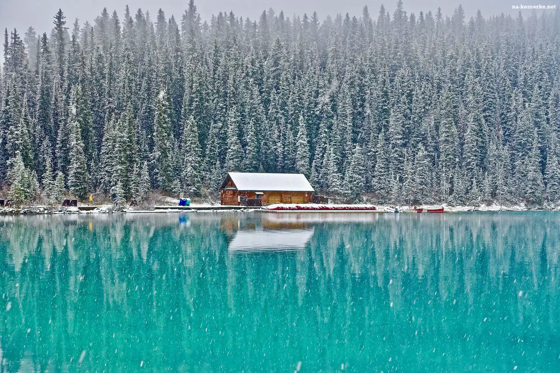 Park Narodowy Banff, Jezioro, Kanada, Las, Drzewa, Dom, Zima, Louise Lake, Alberta
