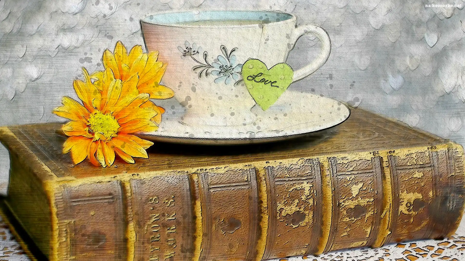 Książka, Love, Grafika, Kwiaty, Filiżanka, Serduszko, Napis