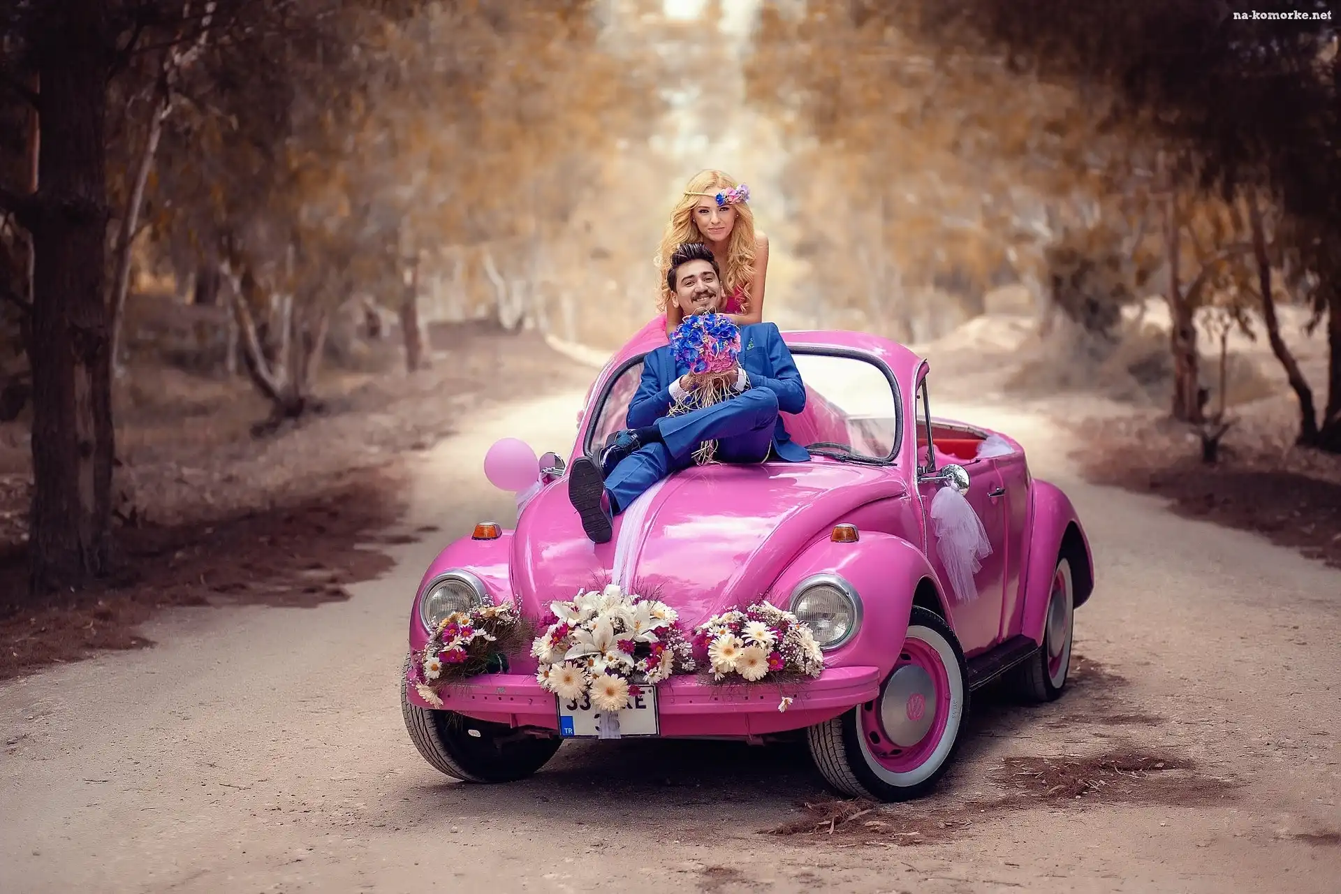 Ślub, Volkswagen Beetle Convertible, Para młoda, Różowy