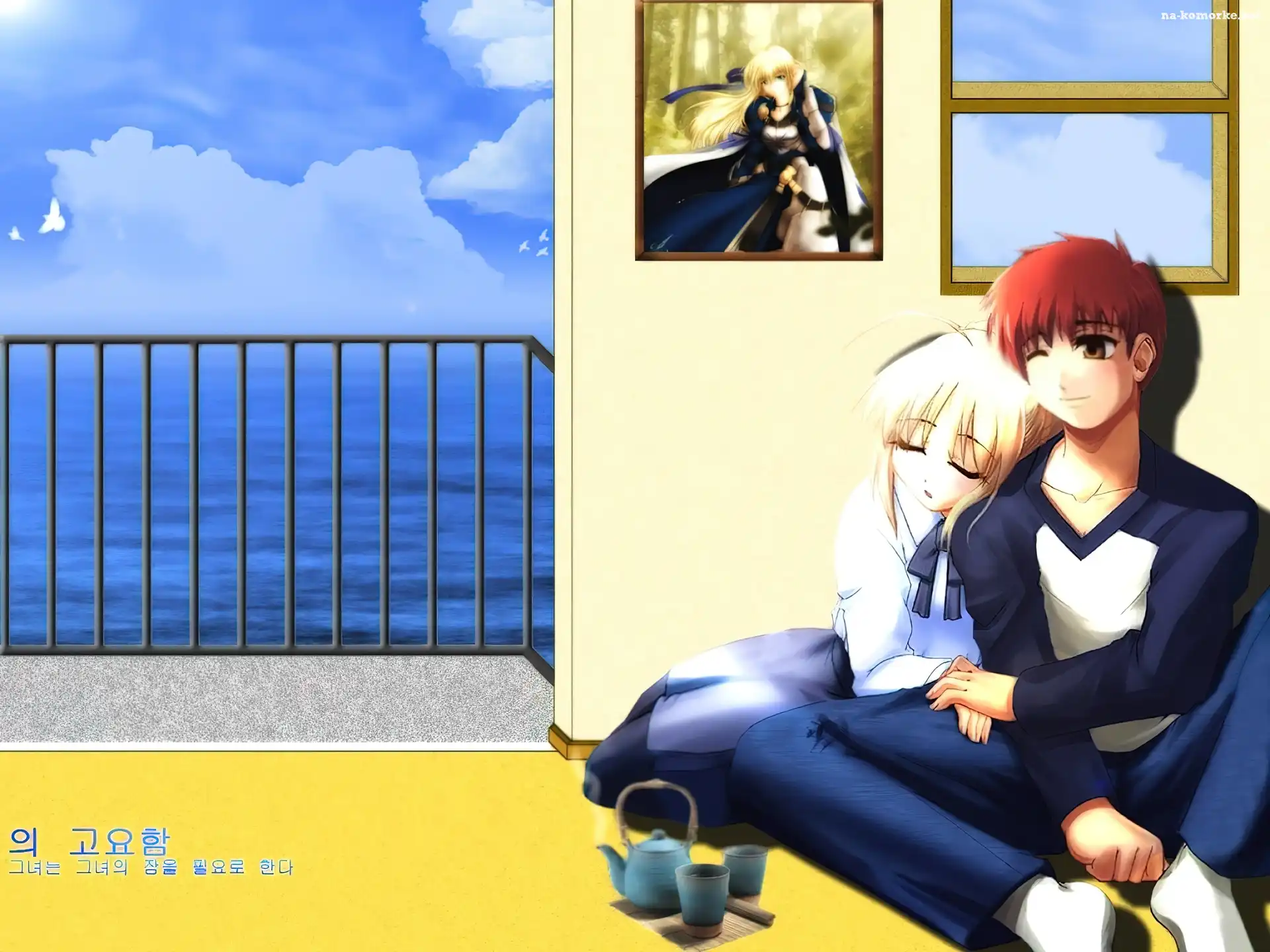 taras, ludzie, Fate Stay Night, morze, okno, balkon