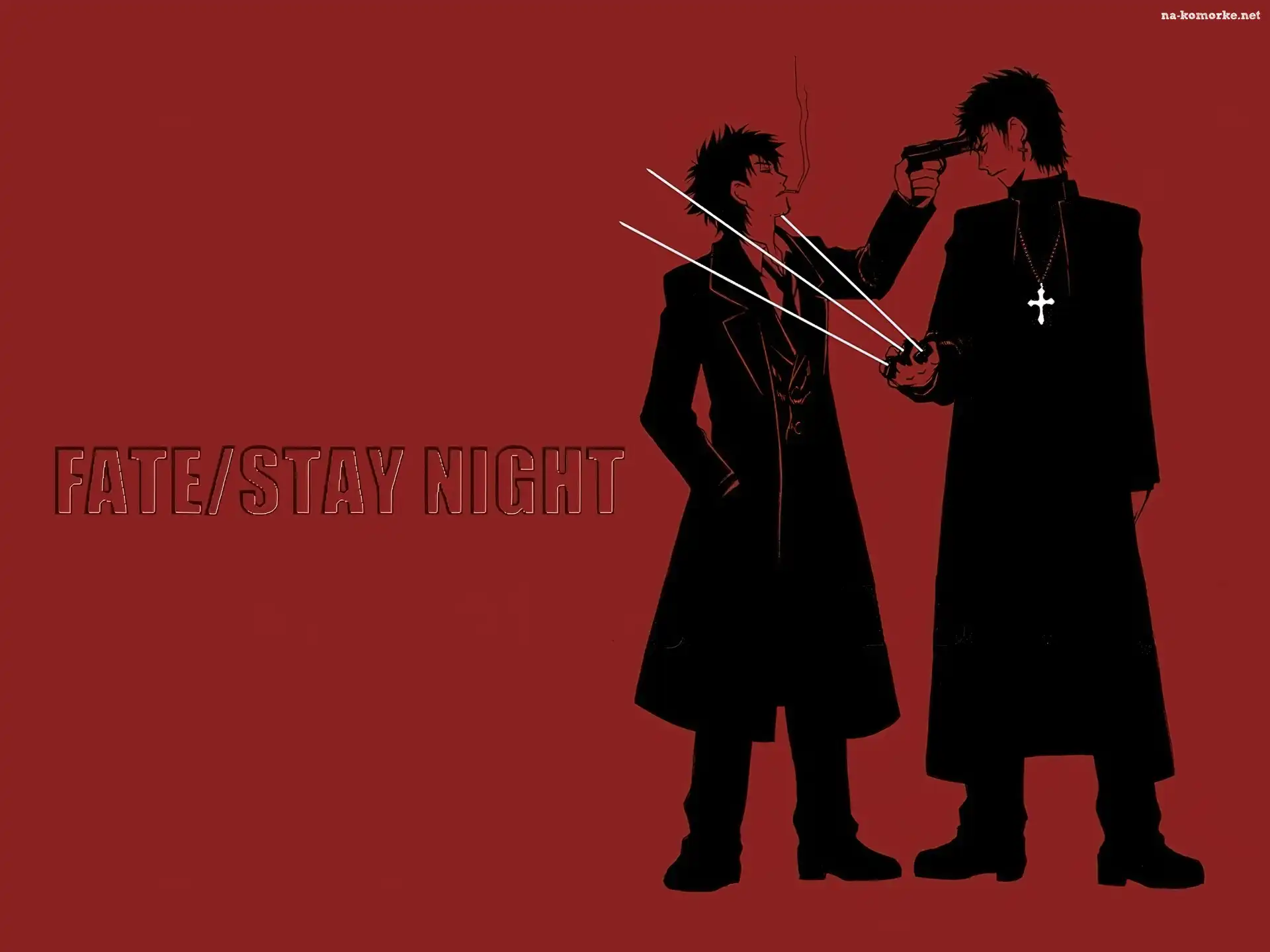 pistolet, ludzie, Fate Stay Night, napis, płaszcze, papieros