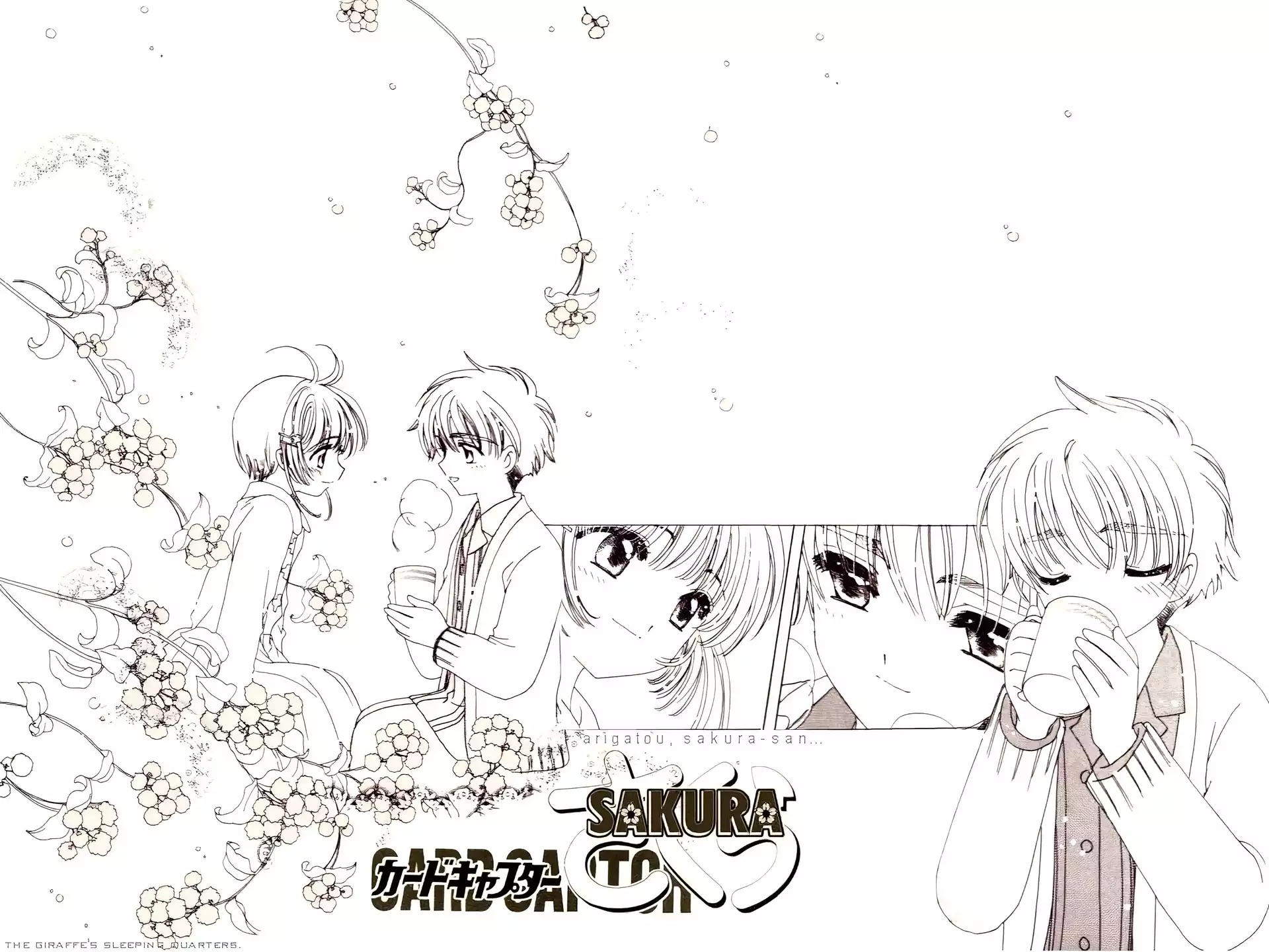 kubek, Cardcaptor Sakura, szkic, kwiaty, napisy, ludzie