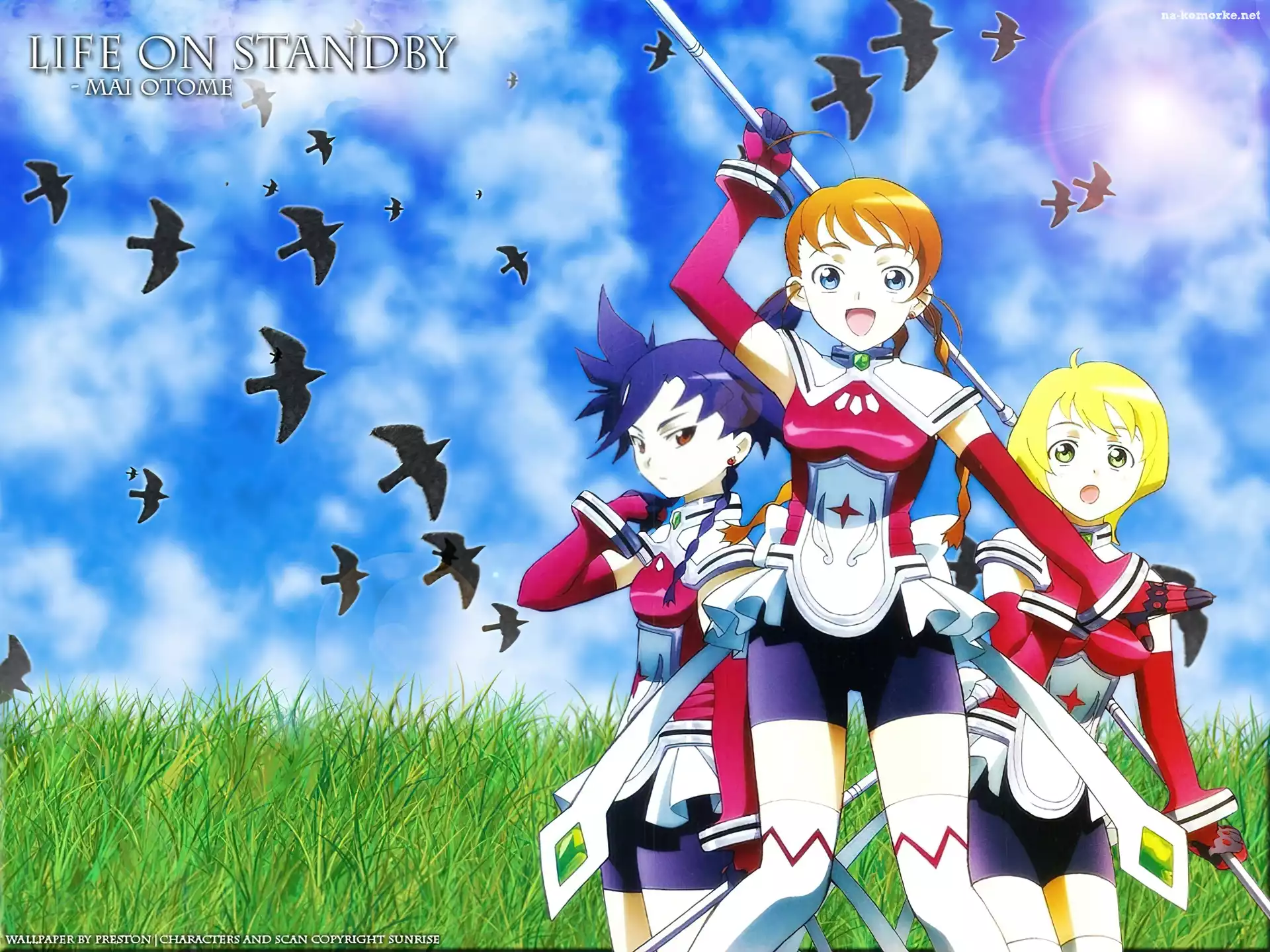Mai Otome, kij, polana, ludzie, ptaki
