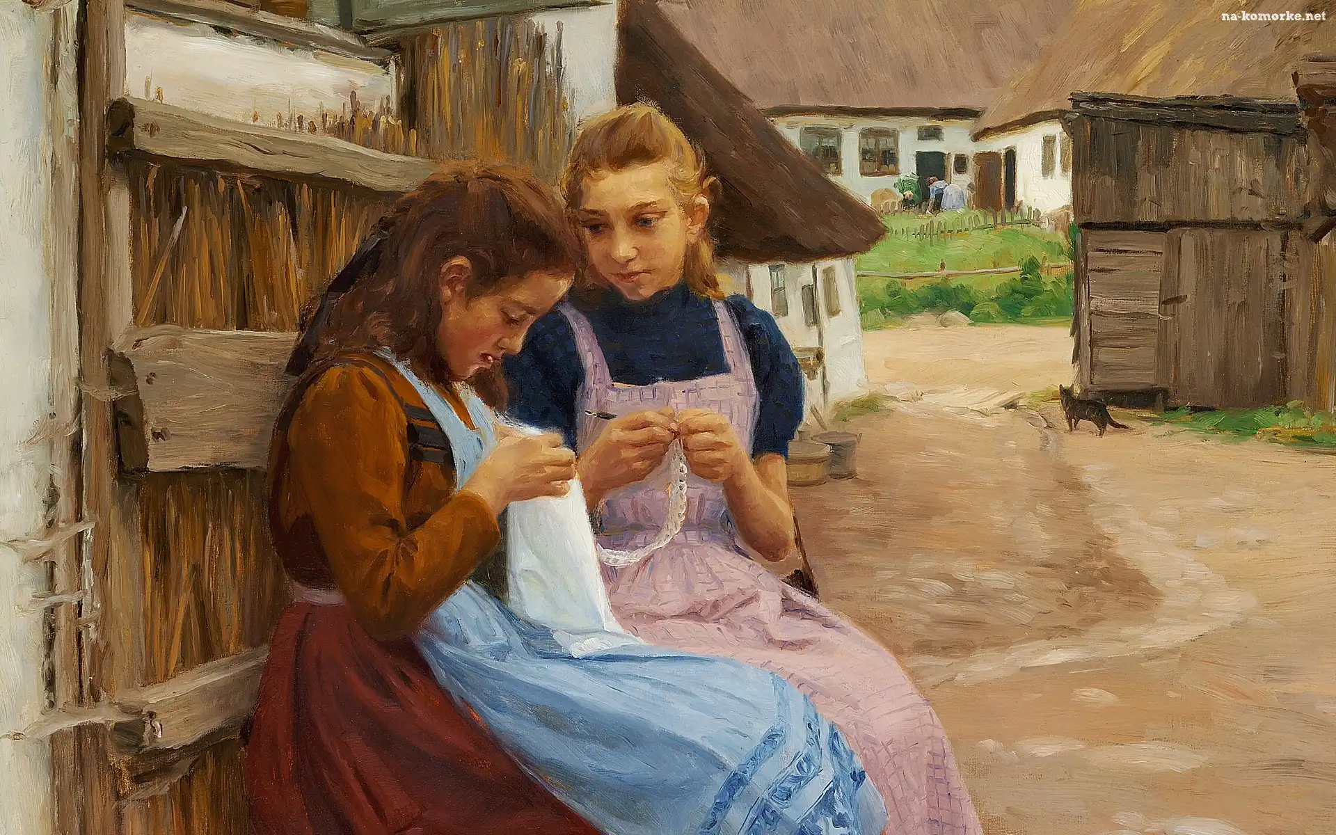 Wieś, Obraz, Hans Andersen Bradekilde, Podwórze, Dziewczyny, Robótki ręczne, Malarstwo