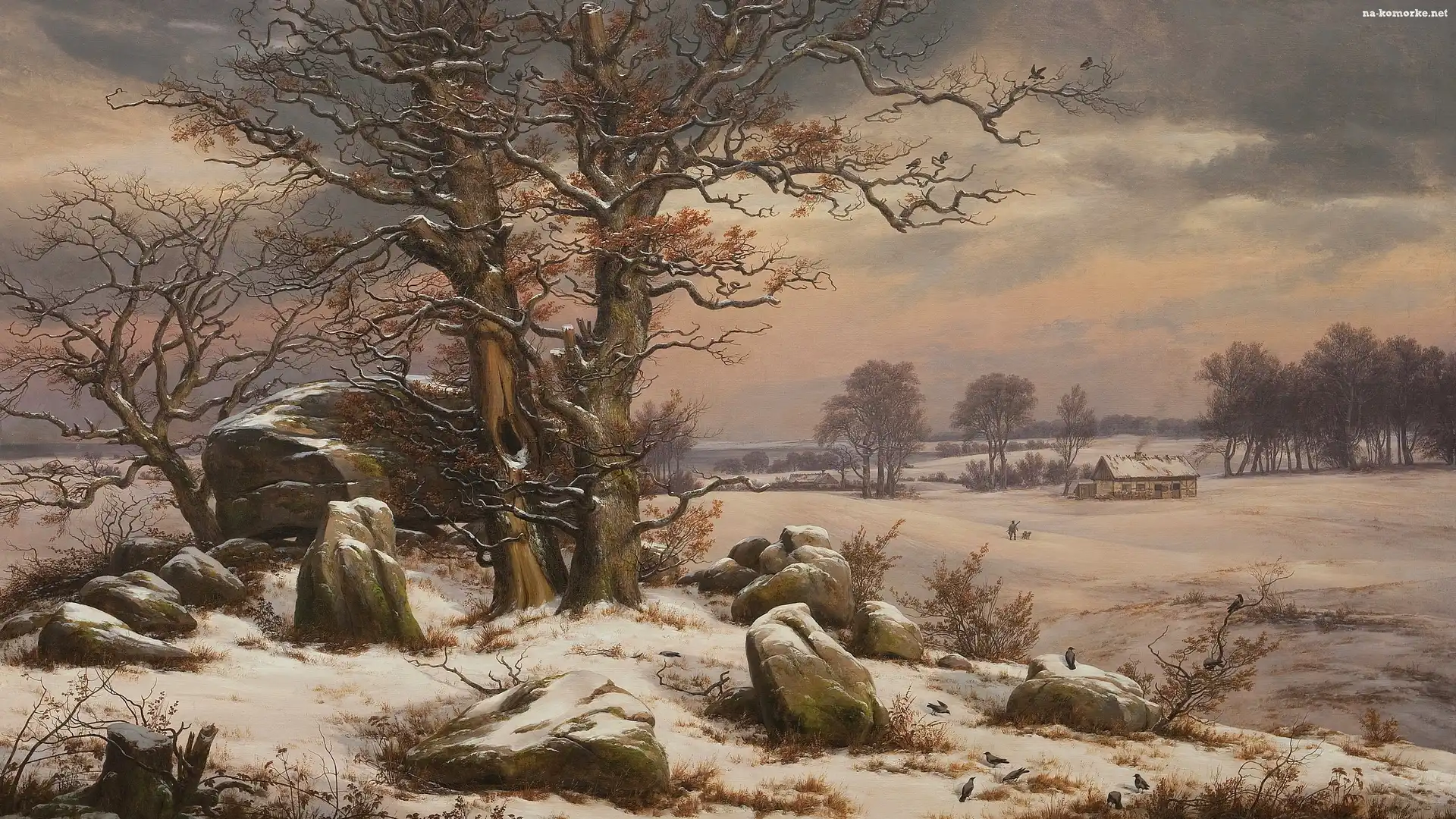 Malarstwo, Zima, Pies, Johan Christian Clausen Dahl, Mężczyzna, Ptaki, Obraz, Drzewa, Kamienie, Pole