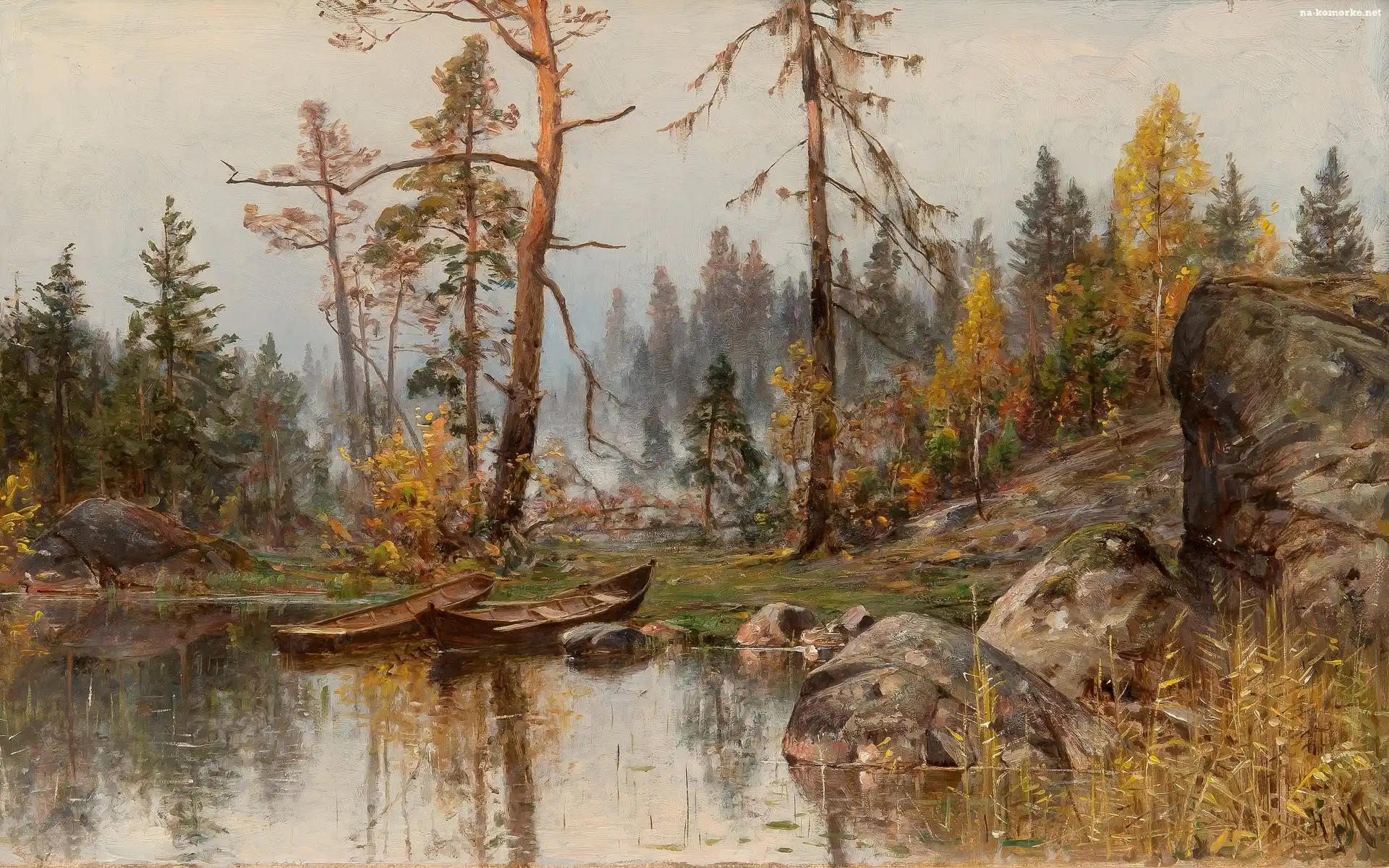 Jezioro, Malarstwo, Hjalmar Munsterhjelm, Łódki, Drzewa, Las, Kamienie