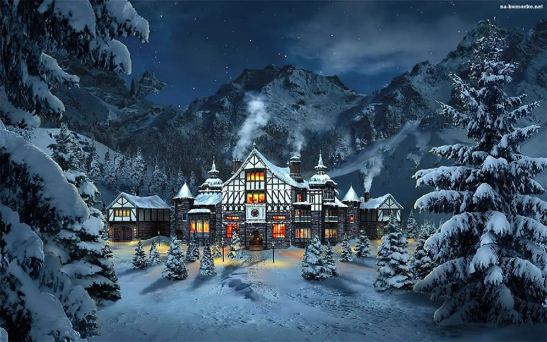 Malarstwo, Dom, Góry, Noc, Zima