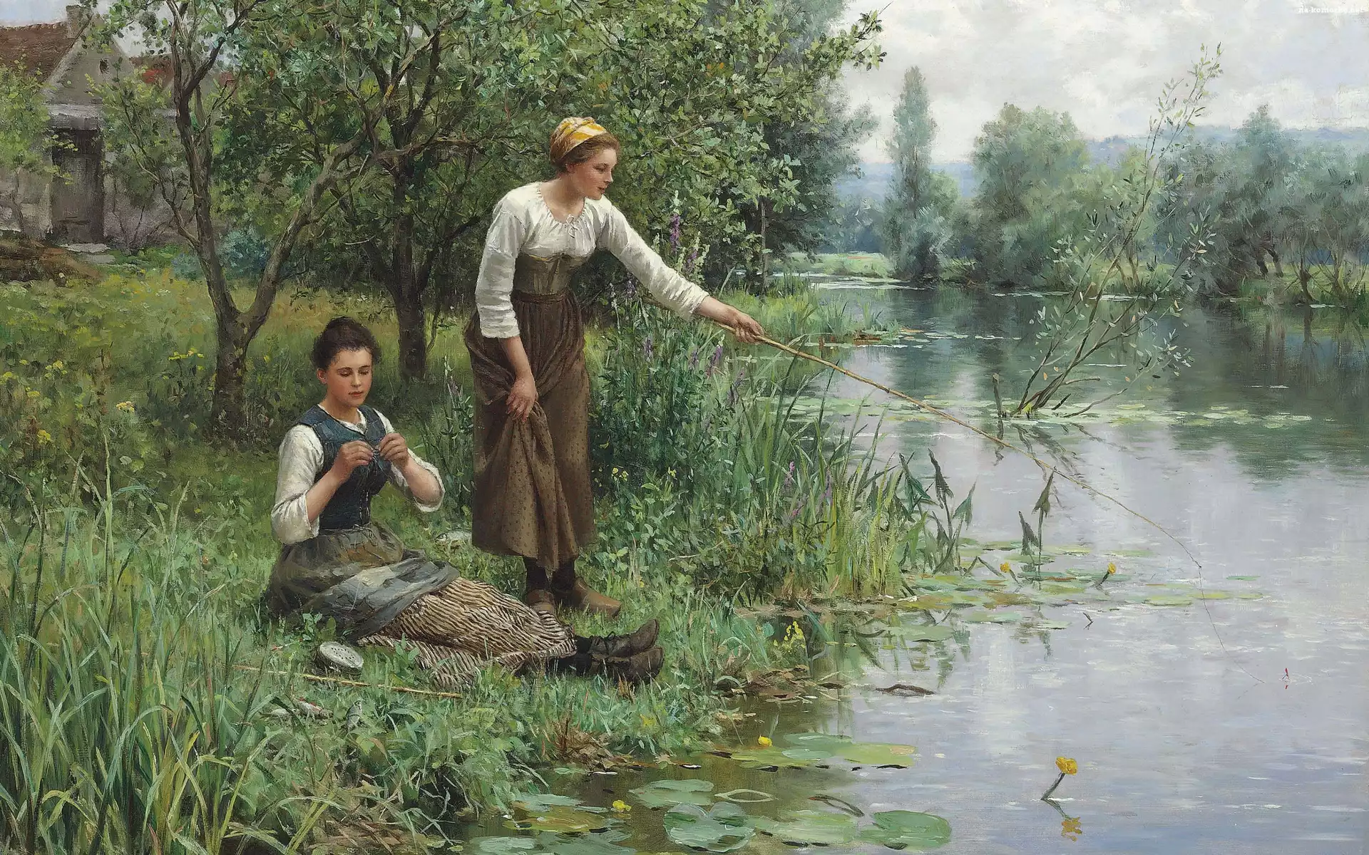 Kobiety, Obraz, Szuwary, Daniel Ridgway Knight, Rzeka, Łowienie, Wędka, Malarstwo