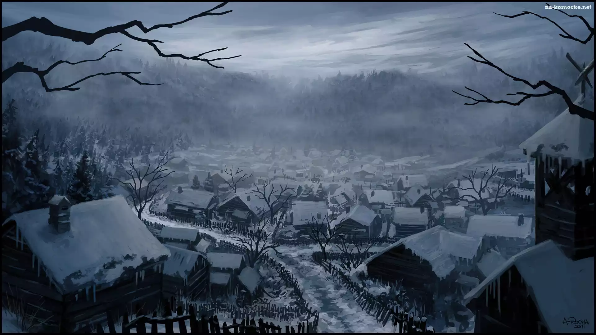 Zima, Malarstwo, Andreas Rocha, Mgła, Wioska, Śnieg