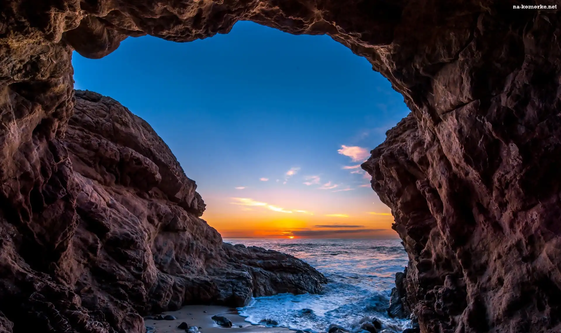 Jaskinia, Malibu, Wybrzeże, USA, Skały, Oceanu, Zachód, Słońca