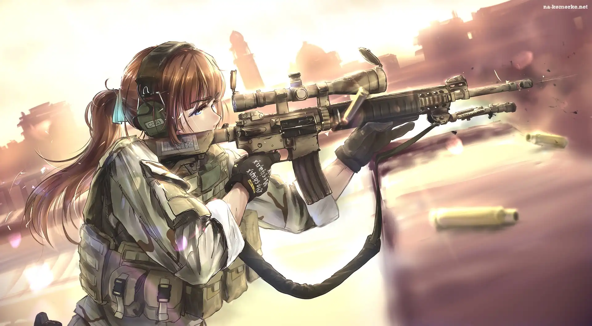 Dziewczyna, Manga, Anime, Broń, Karabin, Miasto, Rysunek