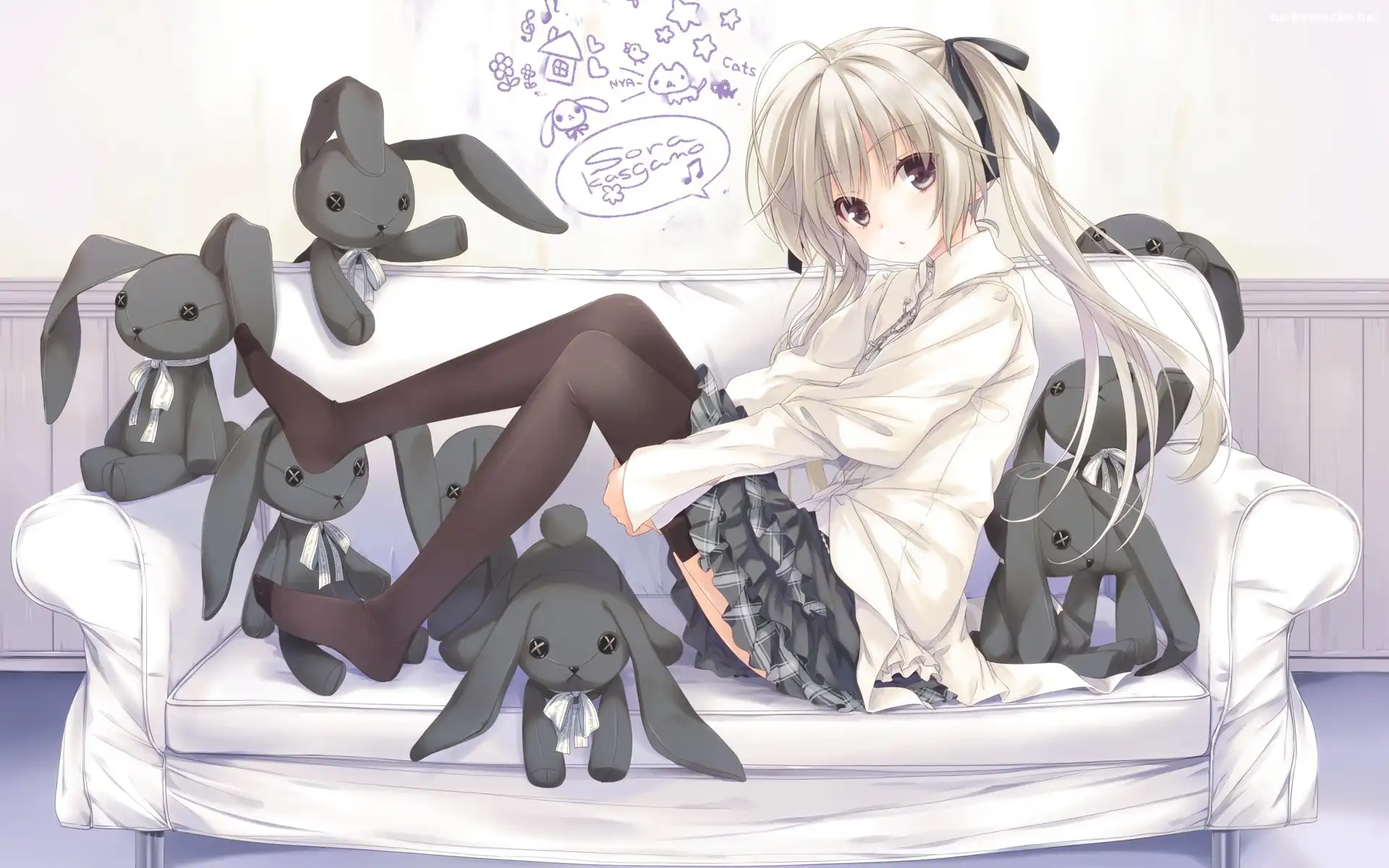 Dziewczyna, Manga, Anime, Kanapa, ZajÄ…ce, Pluszaki, Rysunek