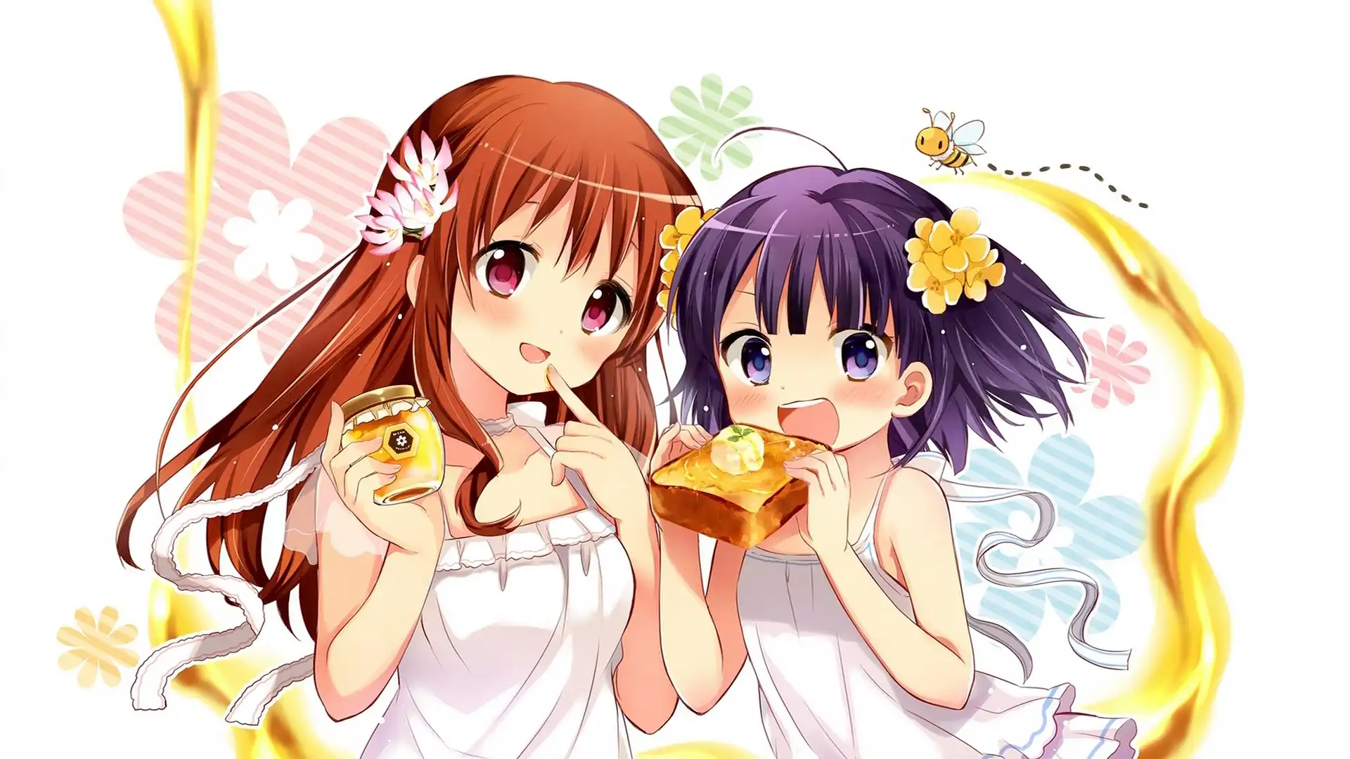 Dziewczyny, Manga, Anime, Miód, Kanapka, Kwiaty, Pszczoła