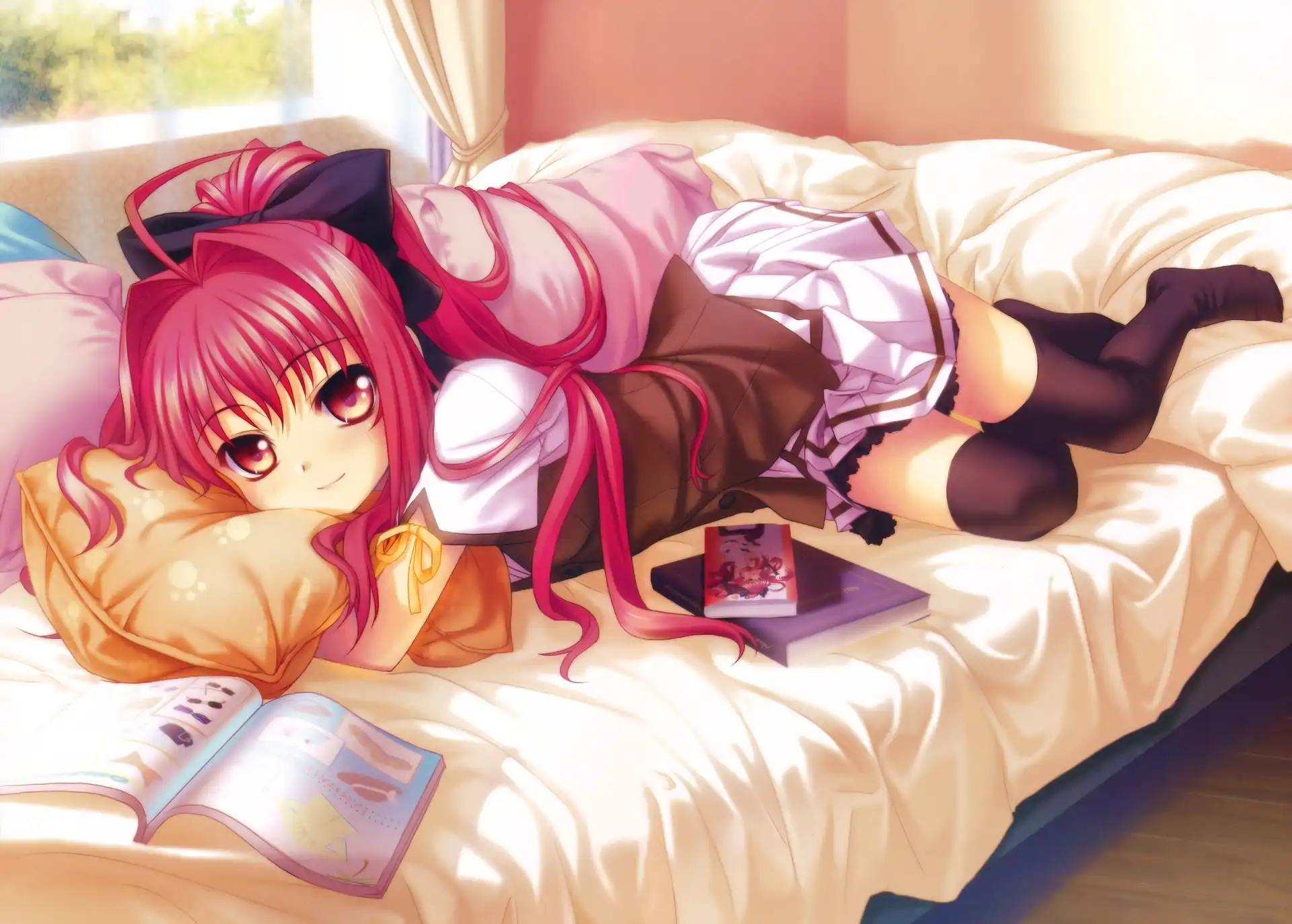 Dziewczyna, Manga, Pościel, Anime, Łóżko, Poduszka, Książki, Okno
