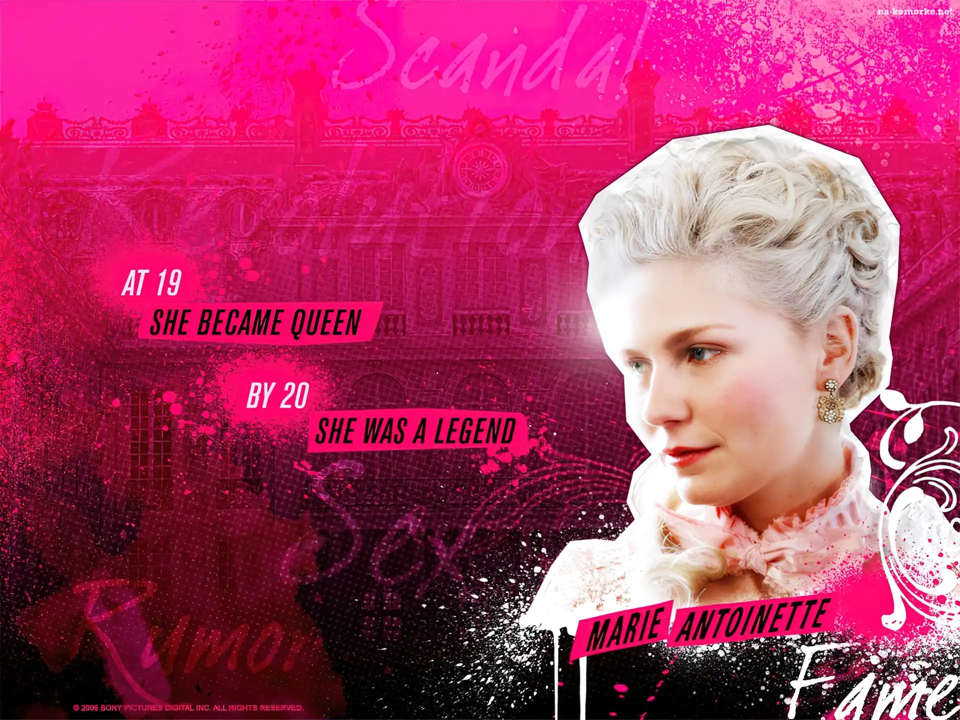 tło, Marie Antoinette, Kirsten Dunst, fryzura, różowe