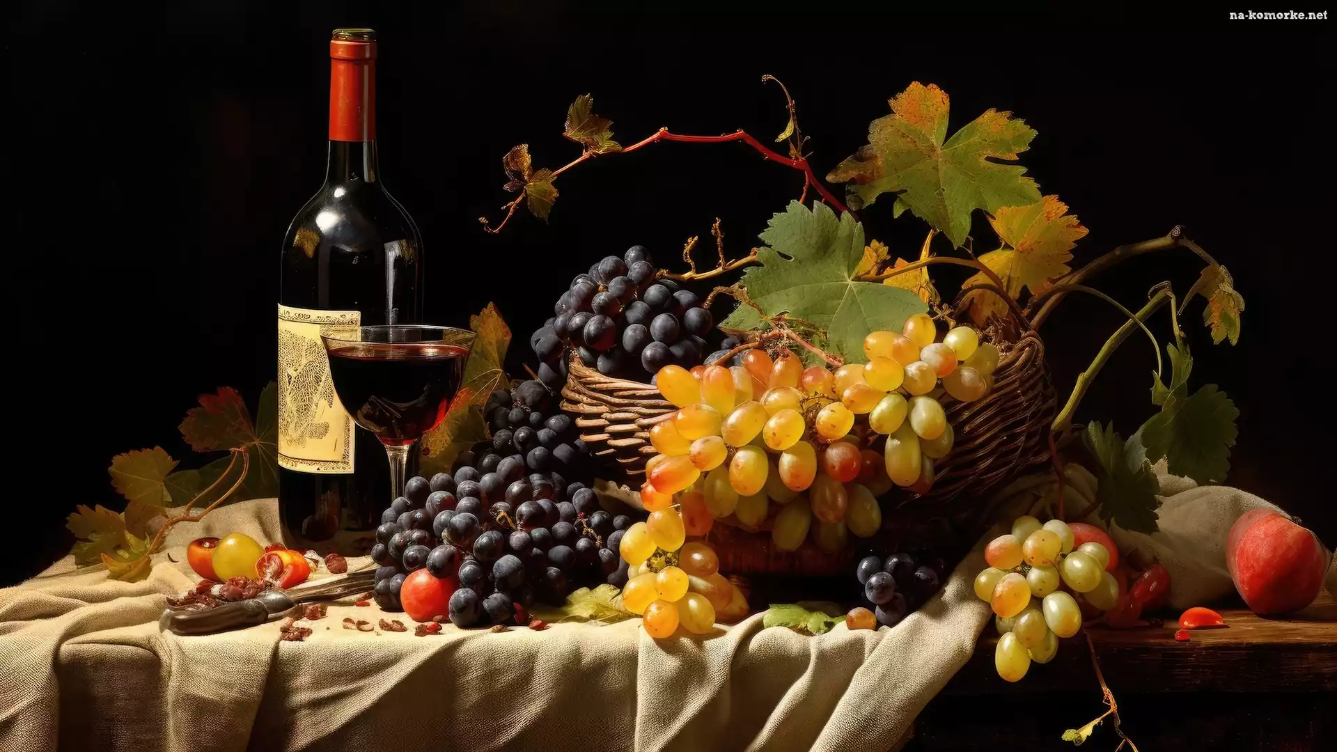 Wino, Liście, Kompozycja, Materiał, Kosz, Butelka, Winogrona