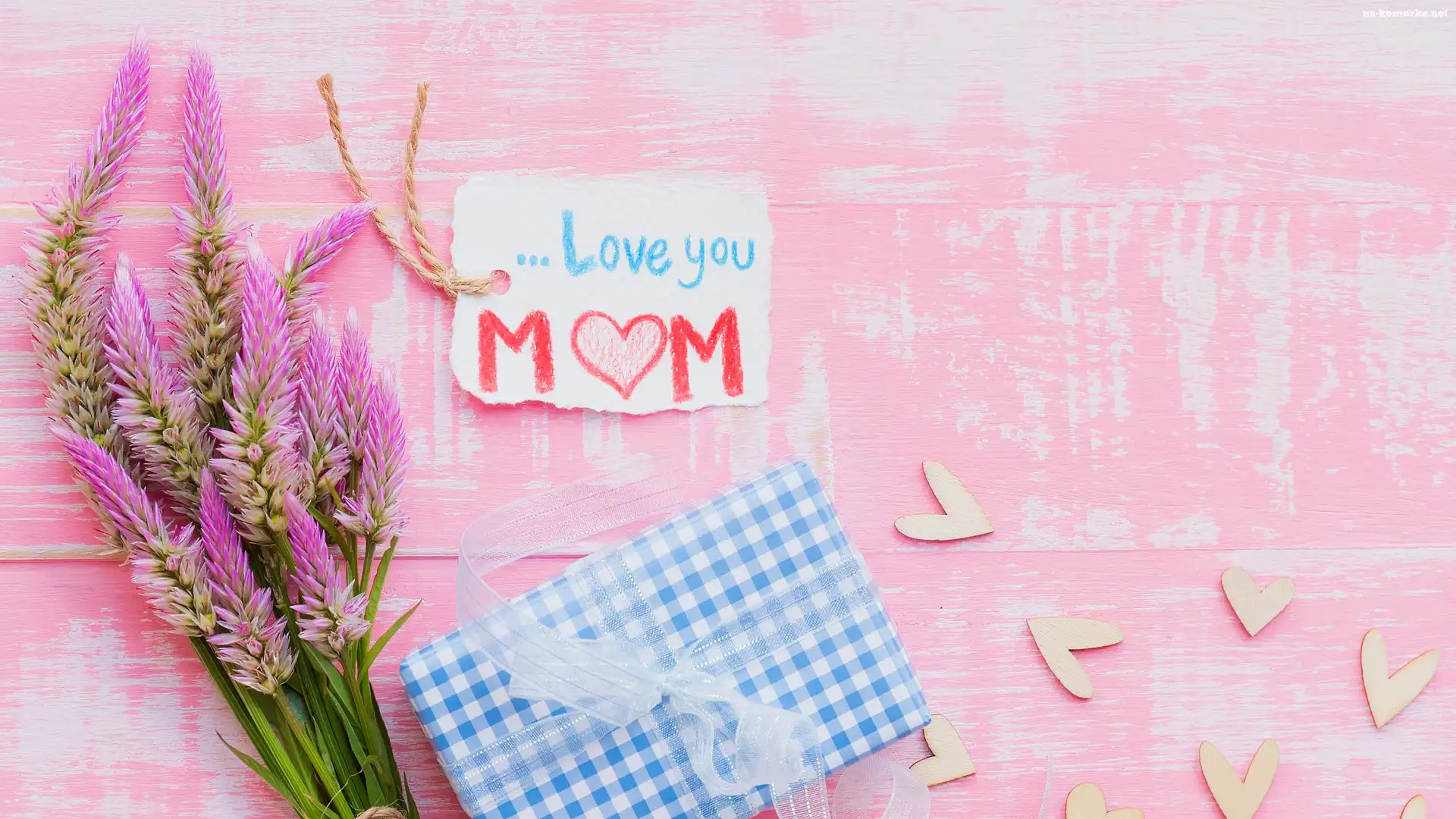 Zawieszka, Prezent, Serduszka, Napis, Dzień Matki, Kwiaty, Deski, Love you Mom, Różowe